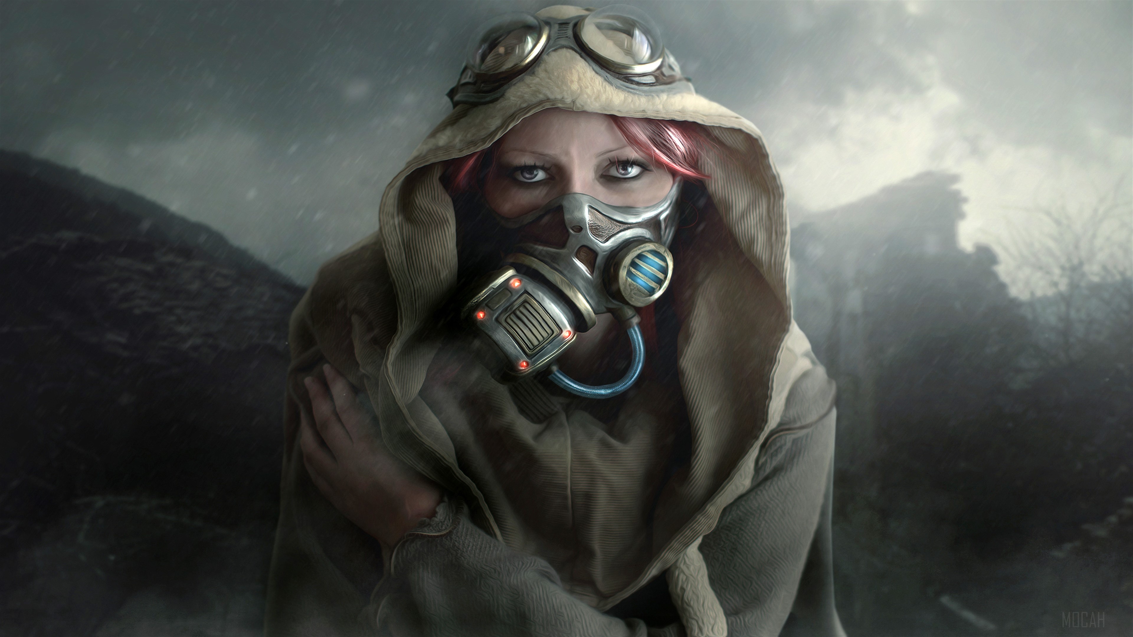 Woman in gas mask and goggles on a cold day 4K HD Wallpaper
