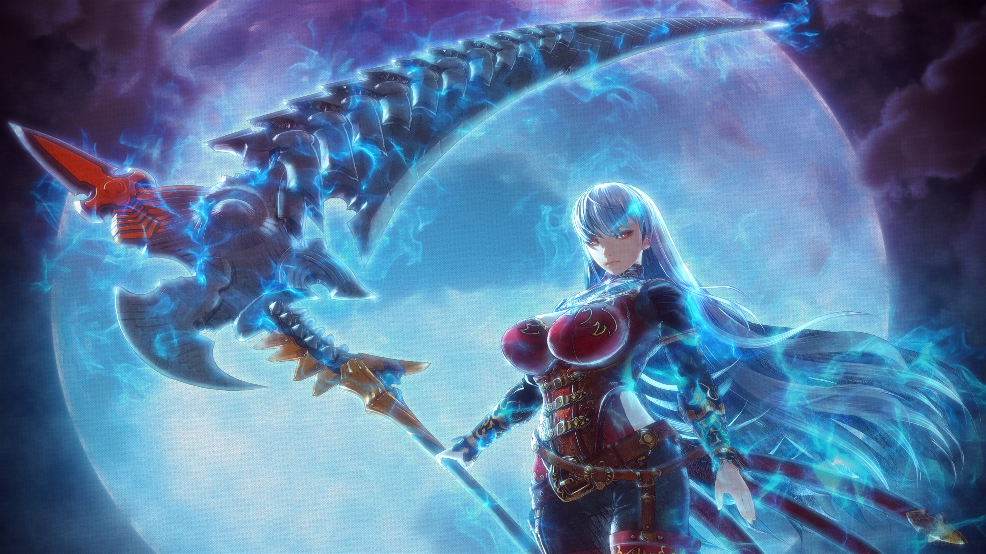 Valkyria: Azure Revolution character with scythe and moon 4K HD Wallpaper