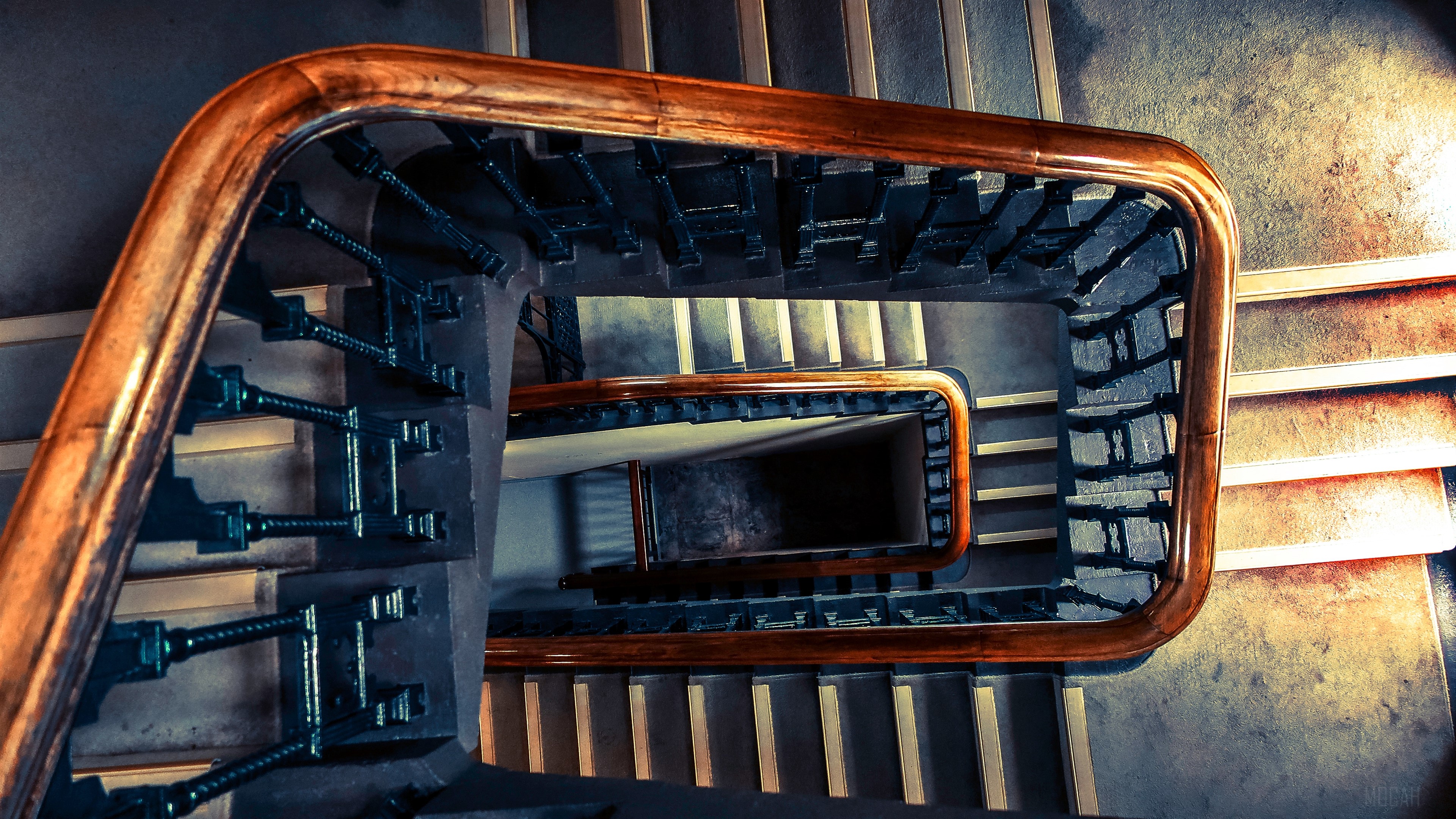 Wooden Staircase with Metal Railings HD Wallpaper