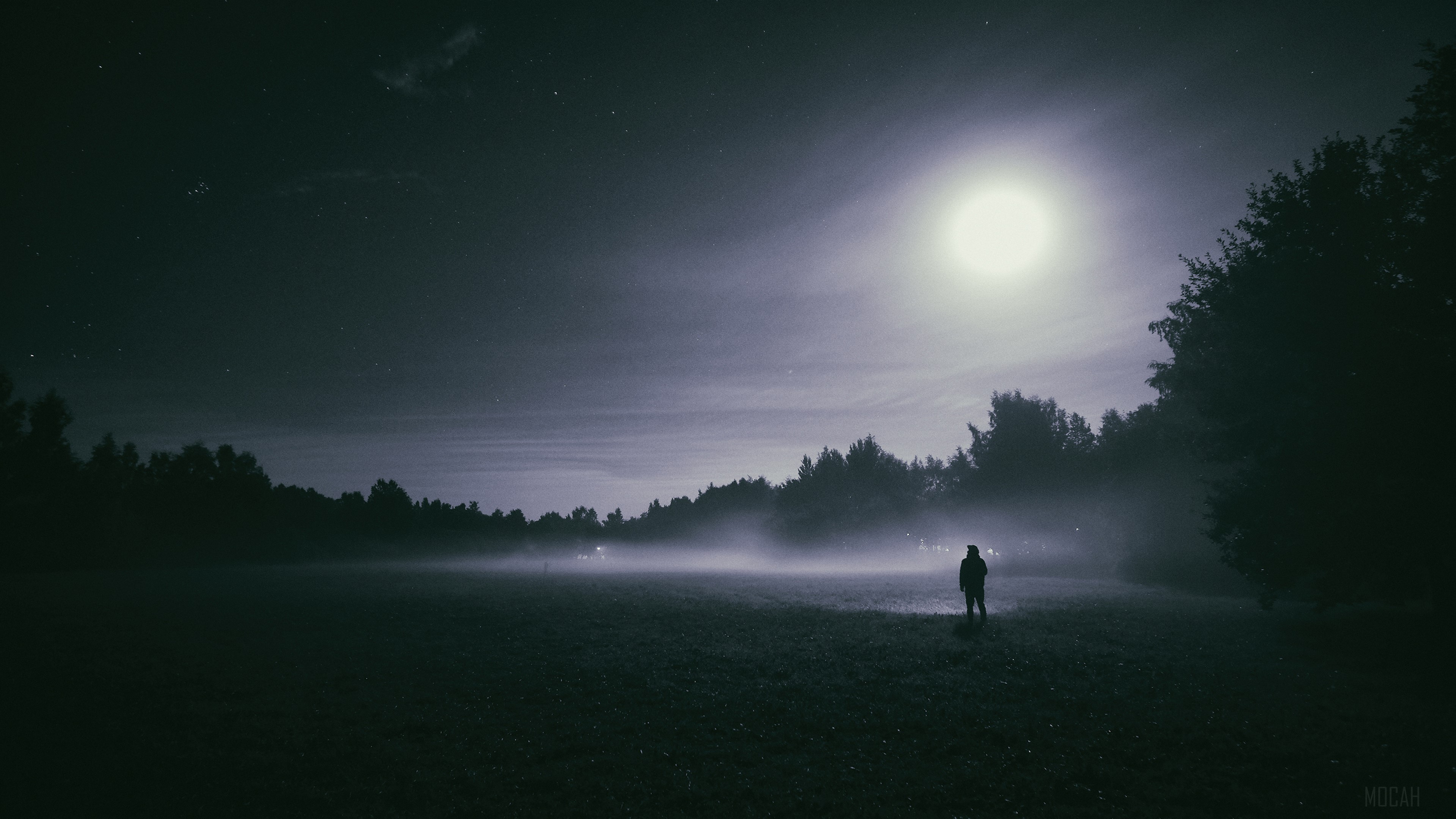 Foggy night with moon and stars HD Wallpaper