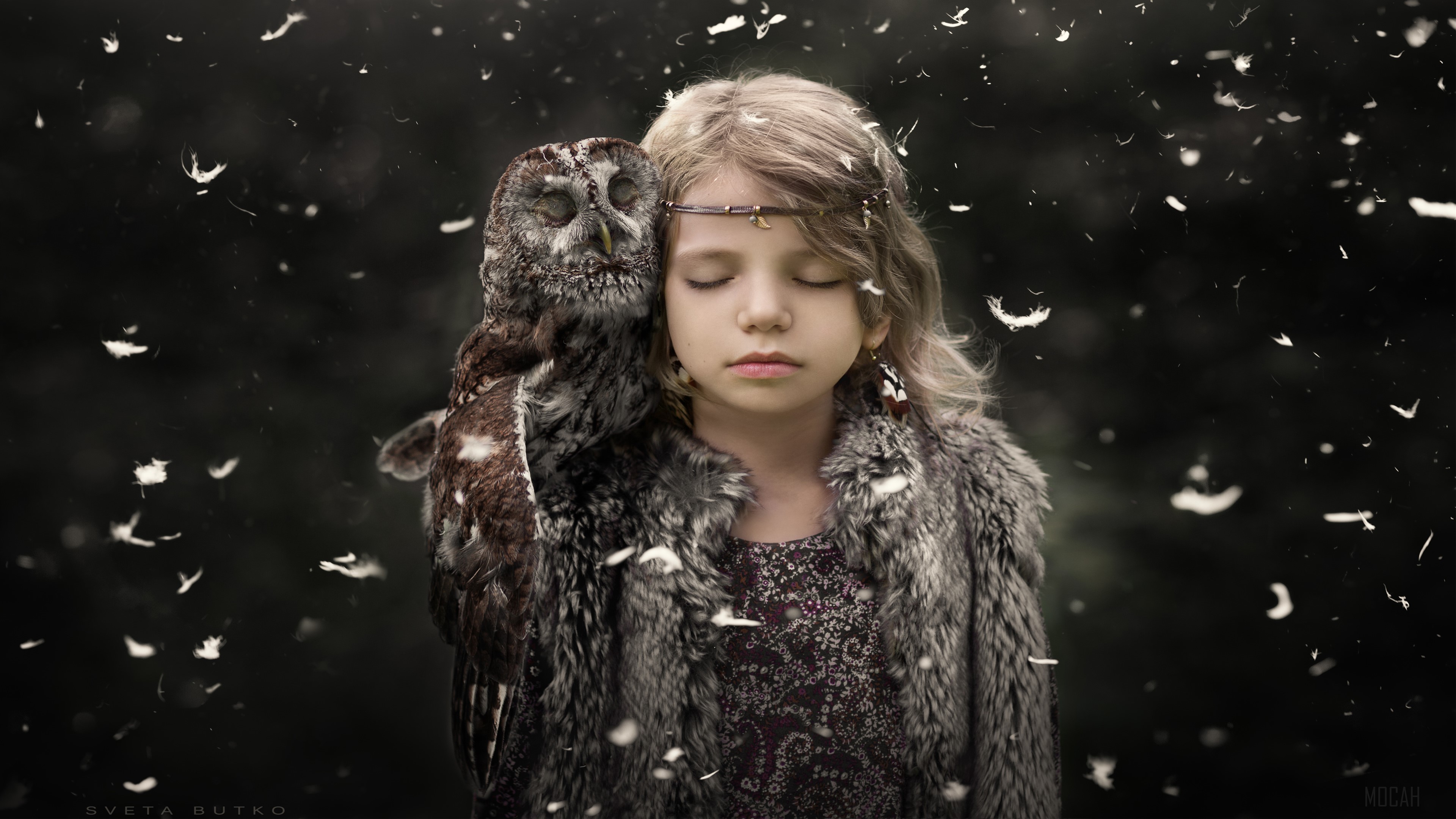 Girl with owl and feathers 4K HD Wallpaper