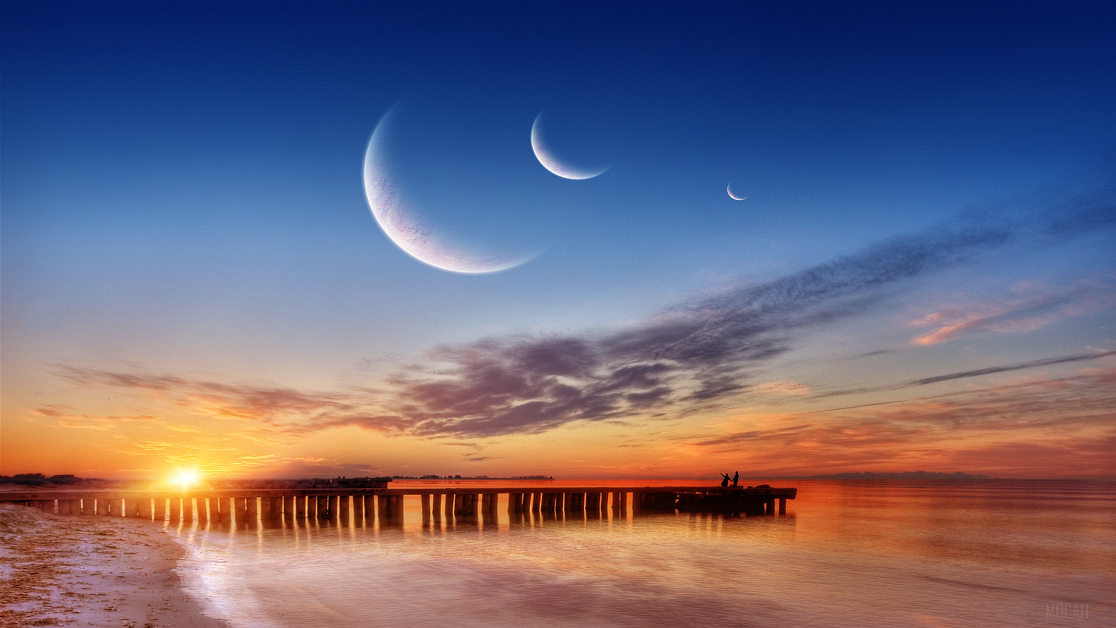 Three Moons Over a Pier at Sunset 4K HD Wallpaper