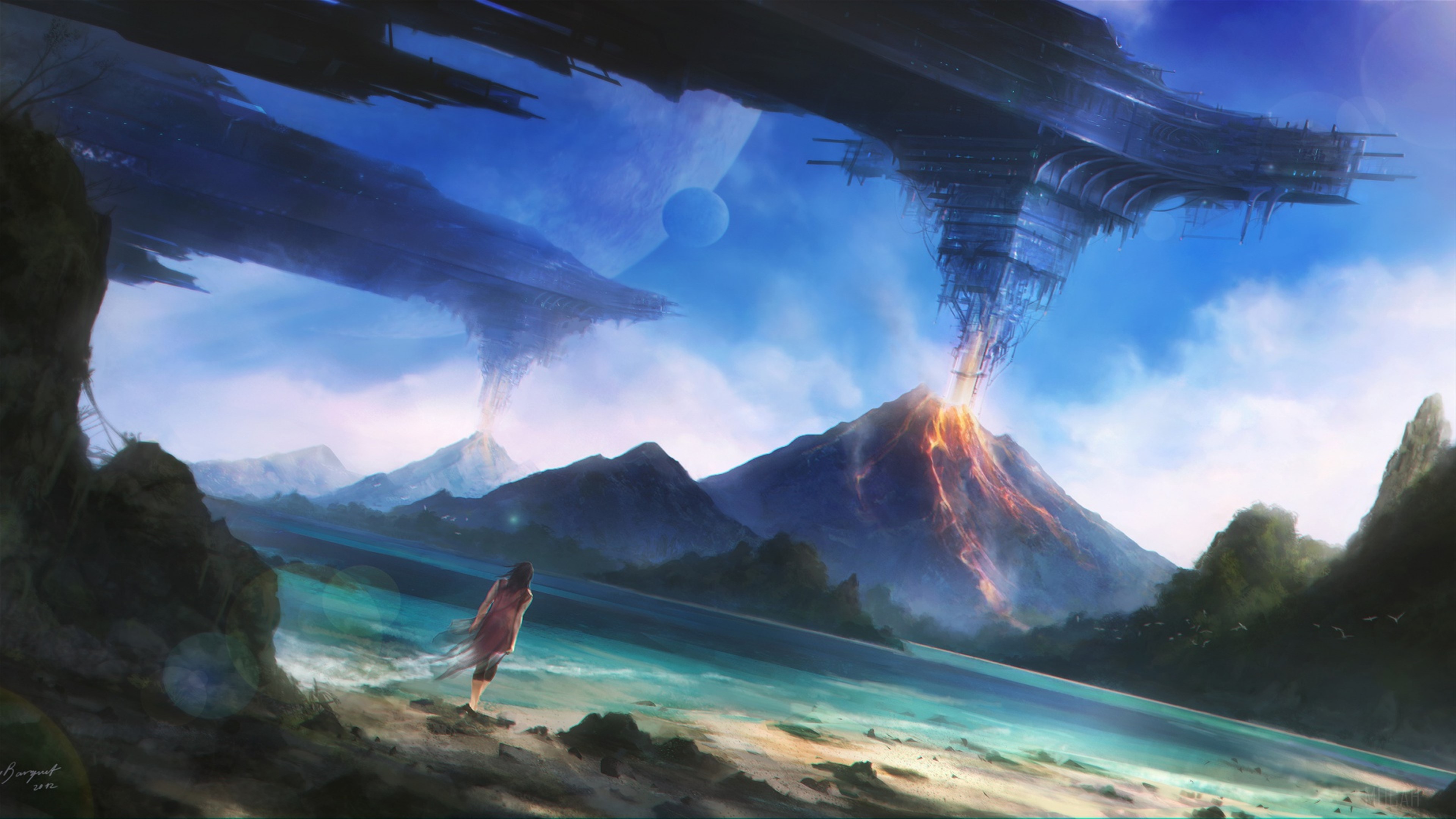 Futuristic alien landscape with volcanoes and spaceships 4K HD Wallpaper