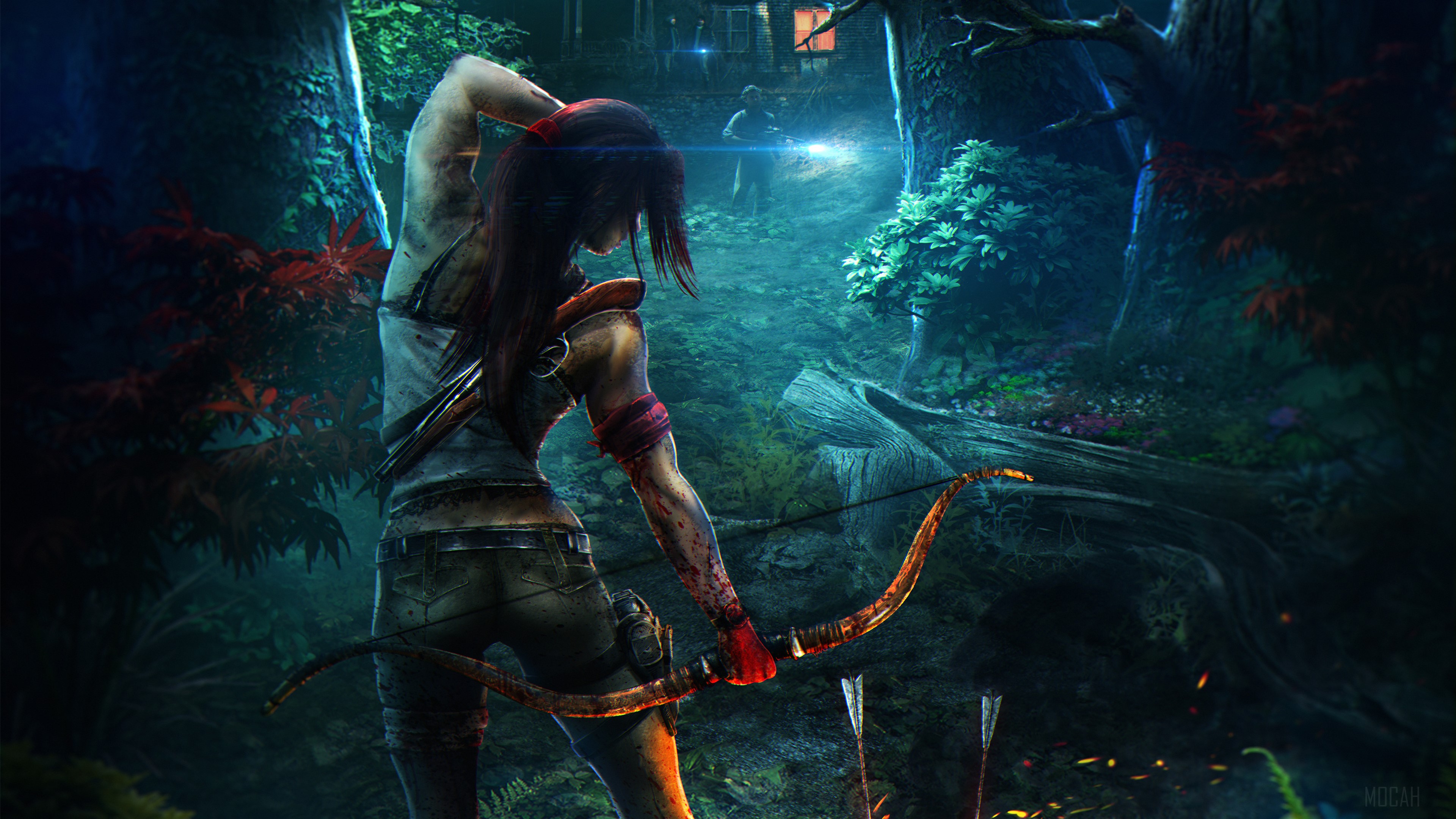 Lara Croft from Tomb Raider in a forest with a bow HD Wallpaper