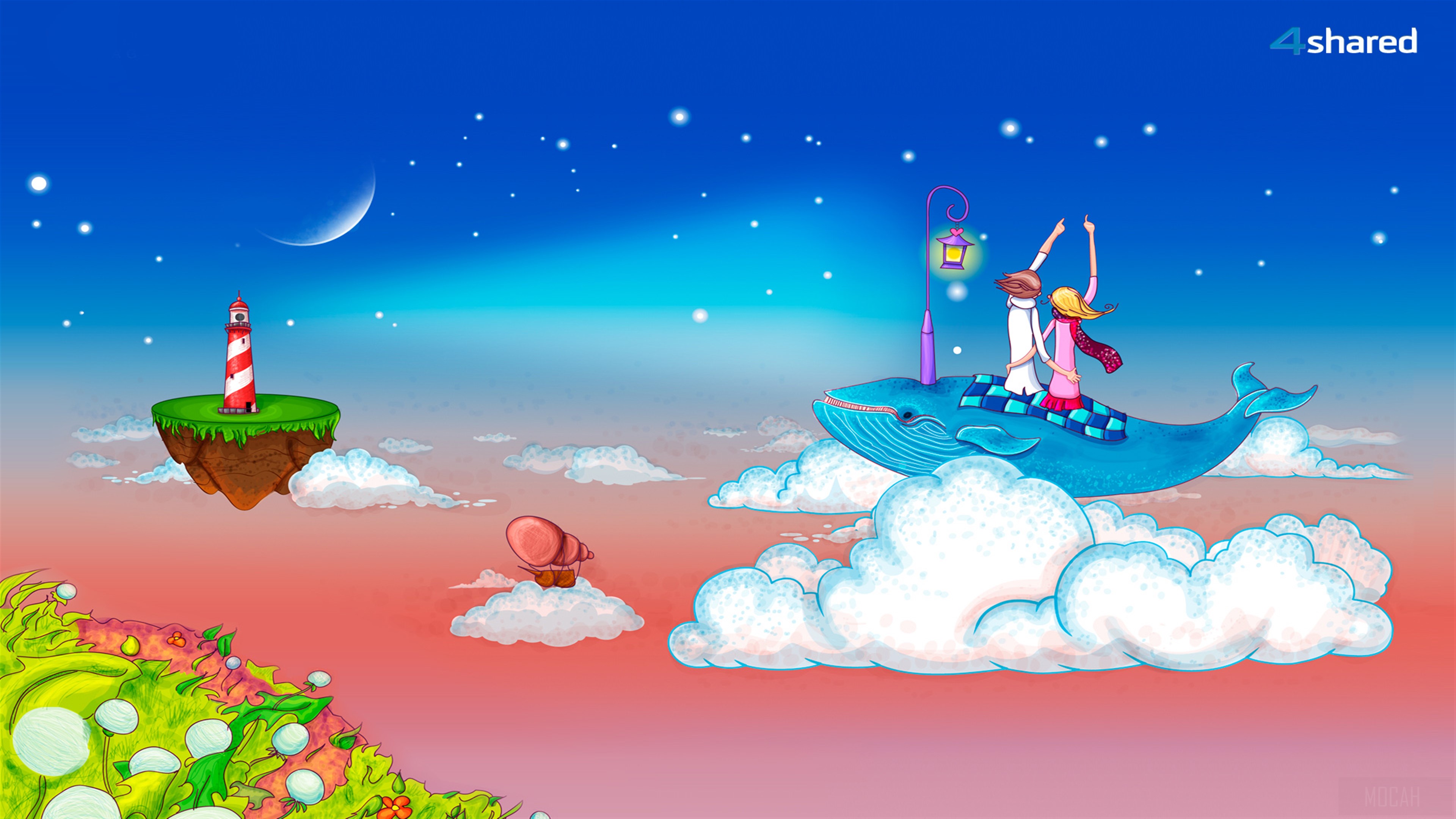Couple riding a whale in the sky HD Wallpaper