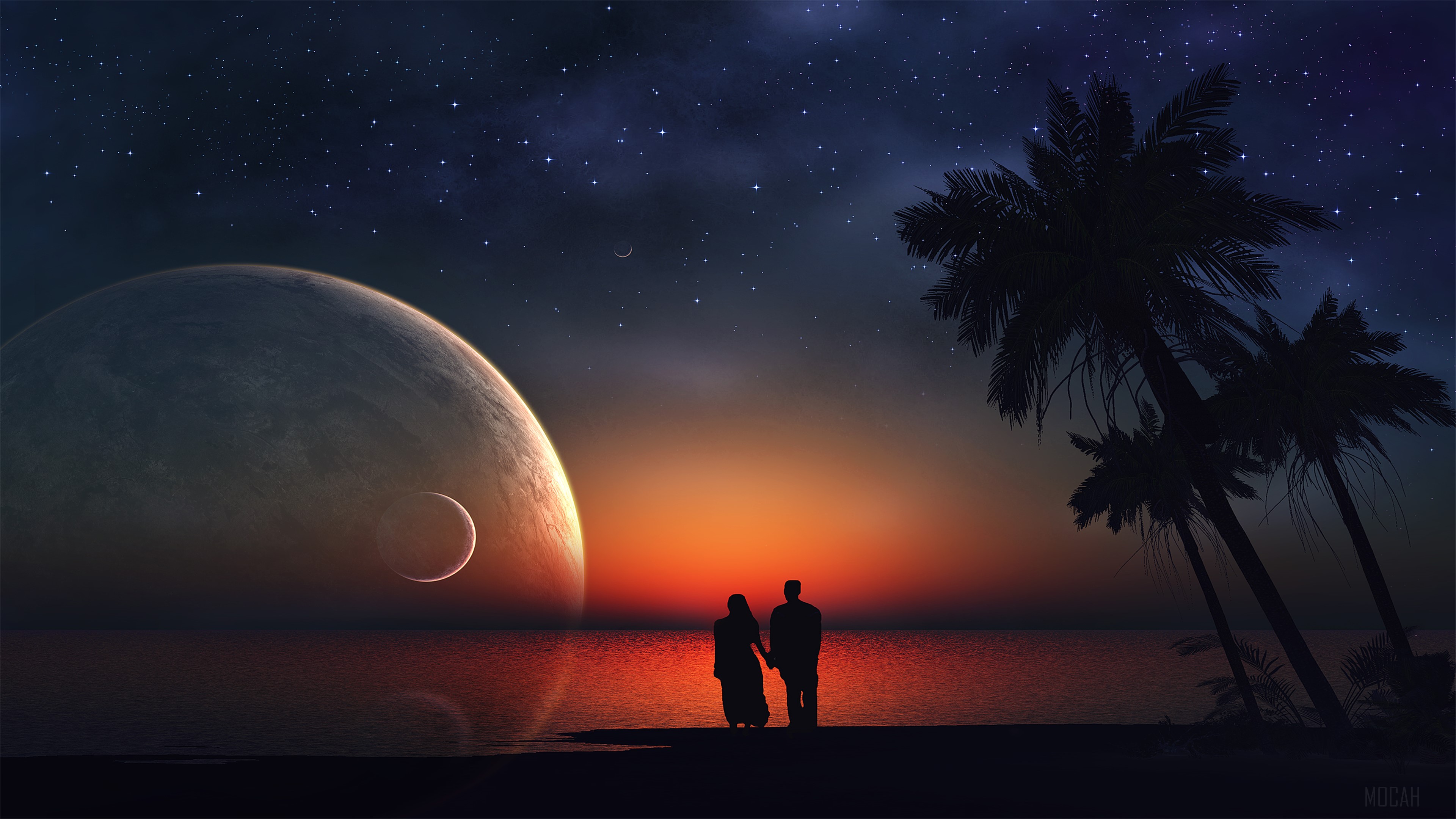 Lovers Watching Two Moons at Dusk 4k HD Wallpaper