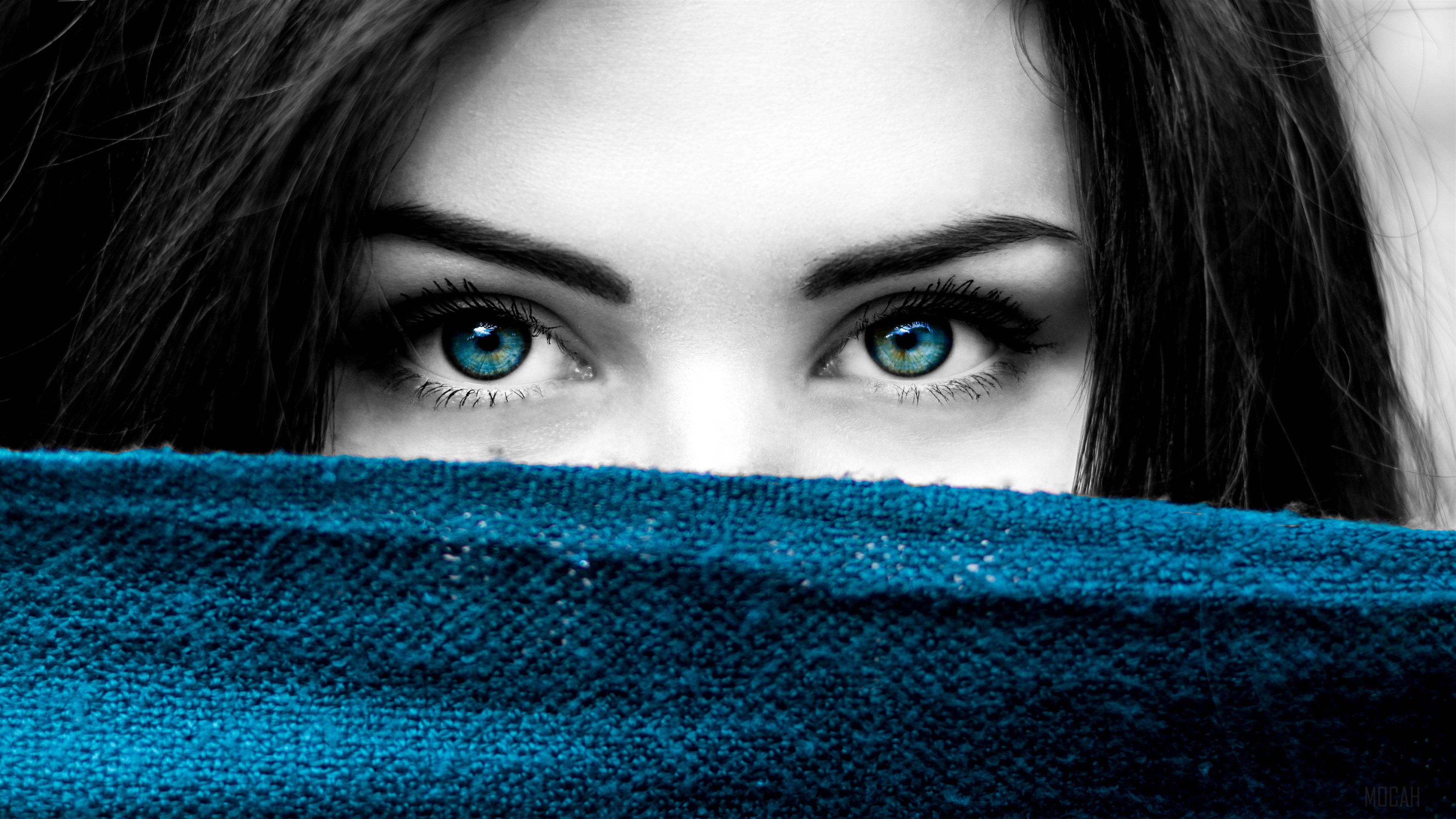 Close-up of a woman's blue eyes and dark hair HD Wallpaper