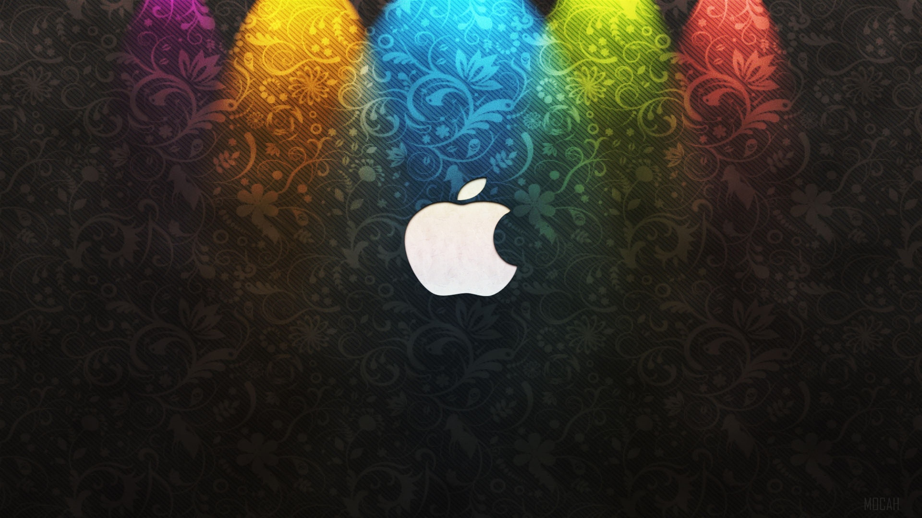Apple Logo on Floral Pattern with Colored Spotlights 4K HD Wallpaper