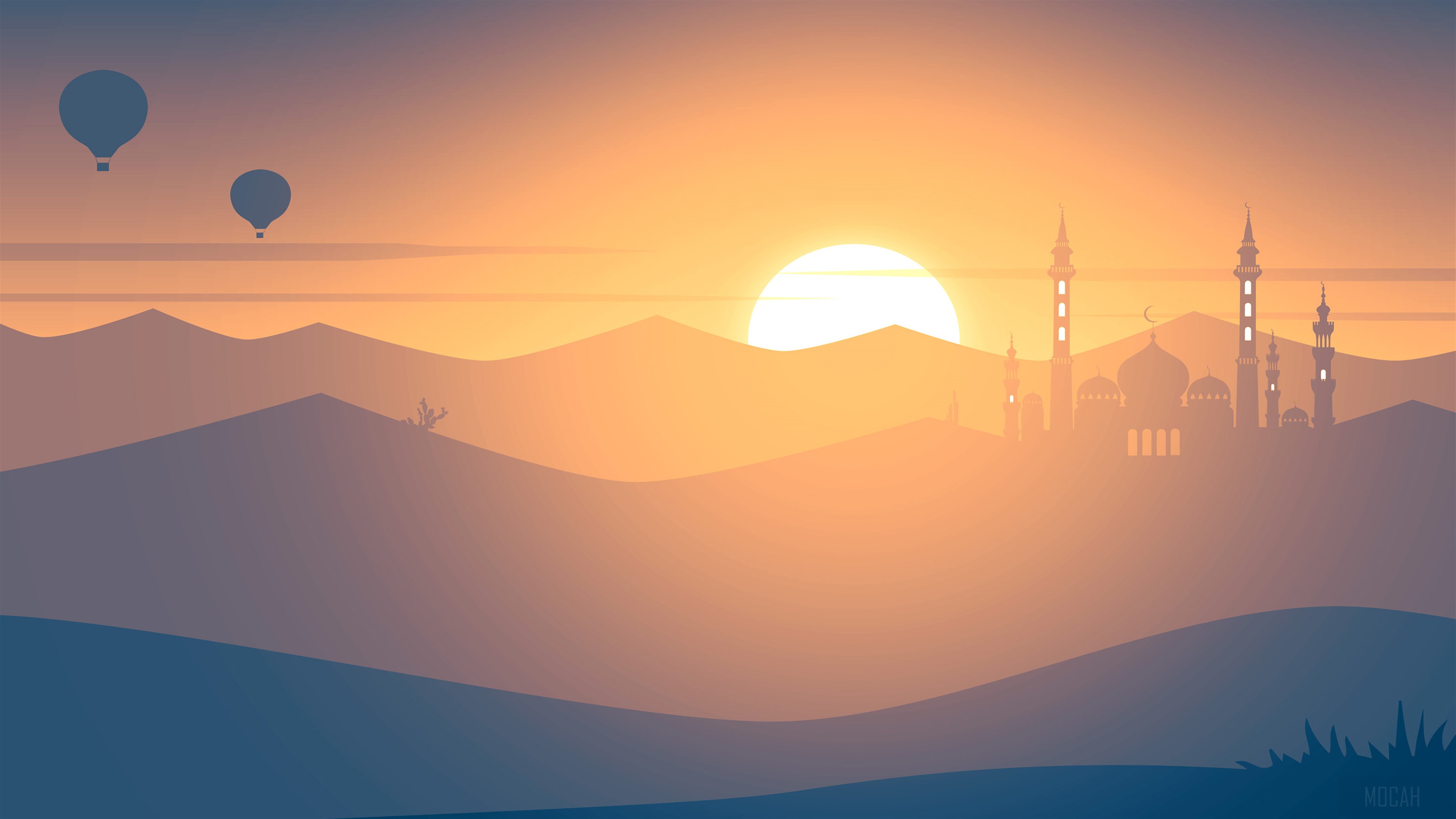 Mosque at Sunset with Hot Air Balloons HD Wallpaper