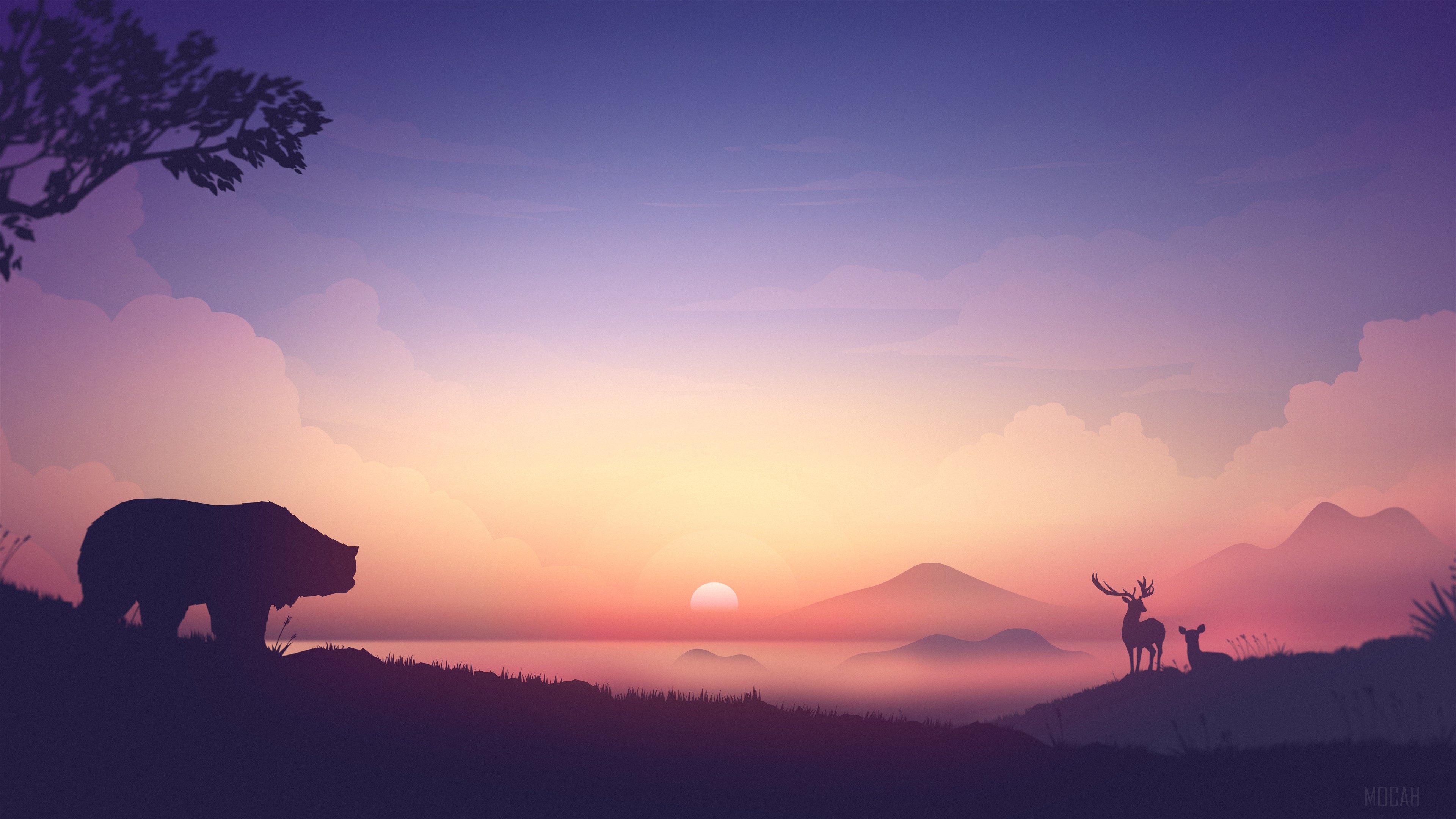 Bear and deer at sunrise 4K HD Wallpaper