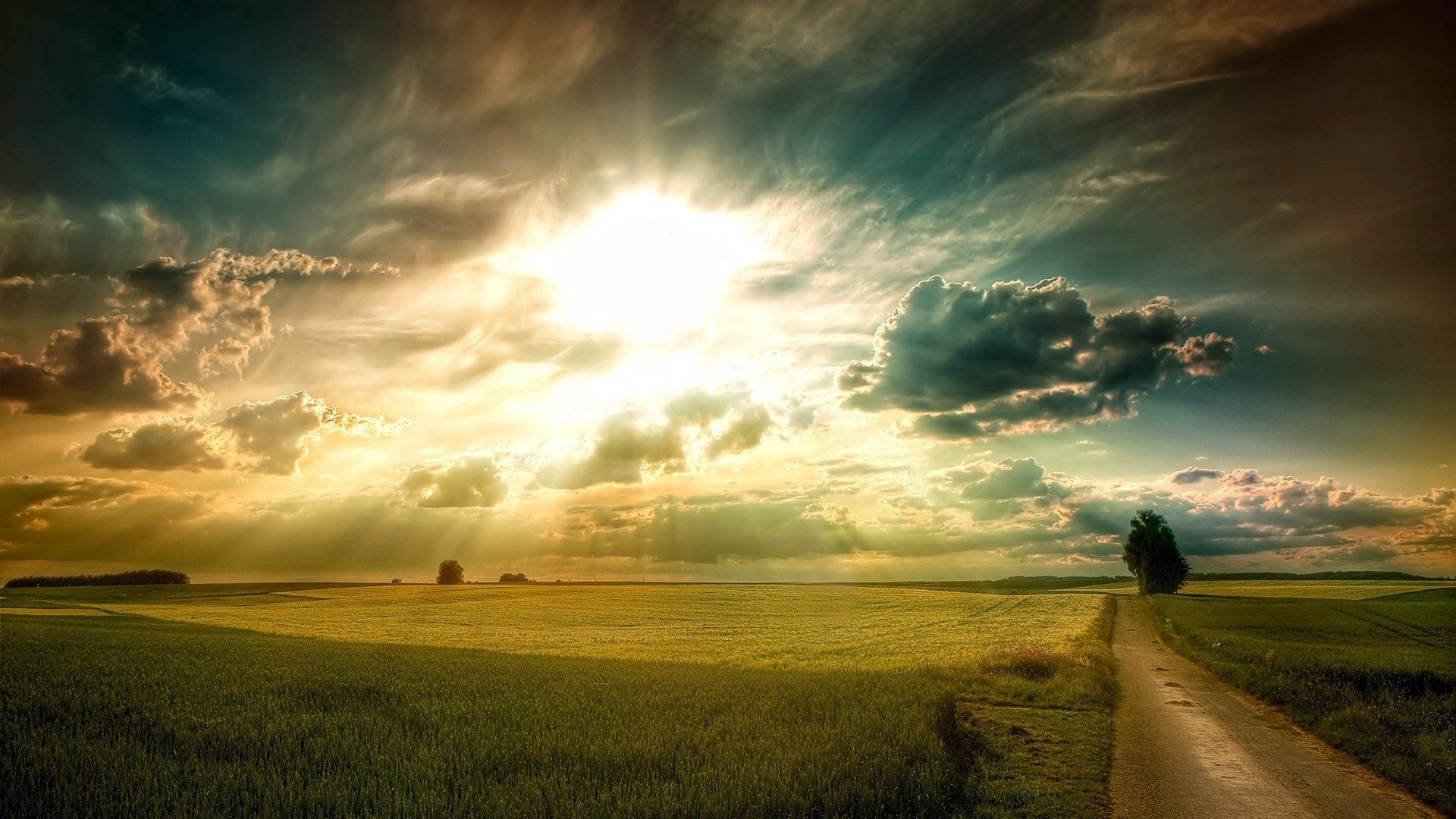 Sunlight beams through clouds over a field HD Wallpaper