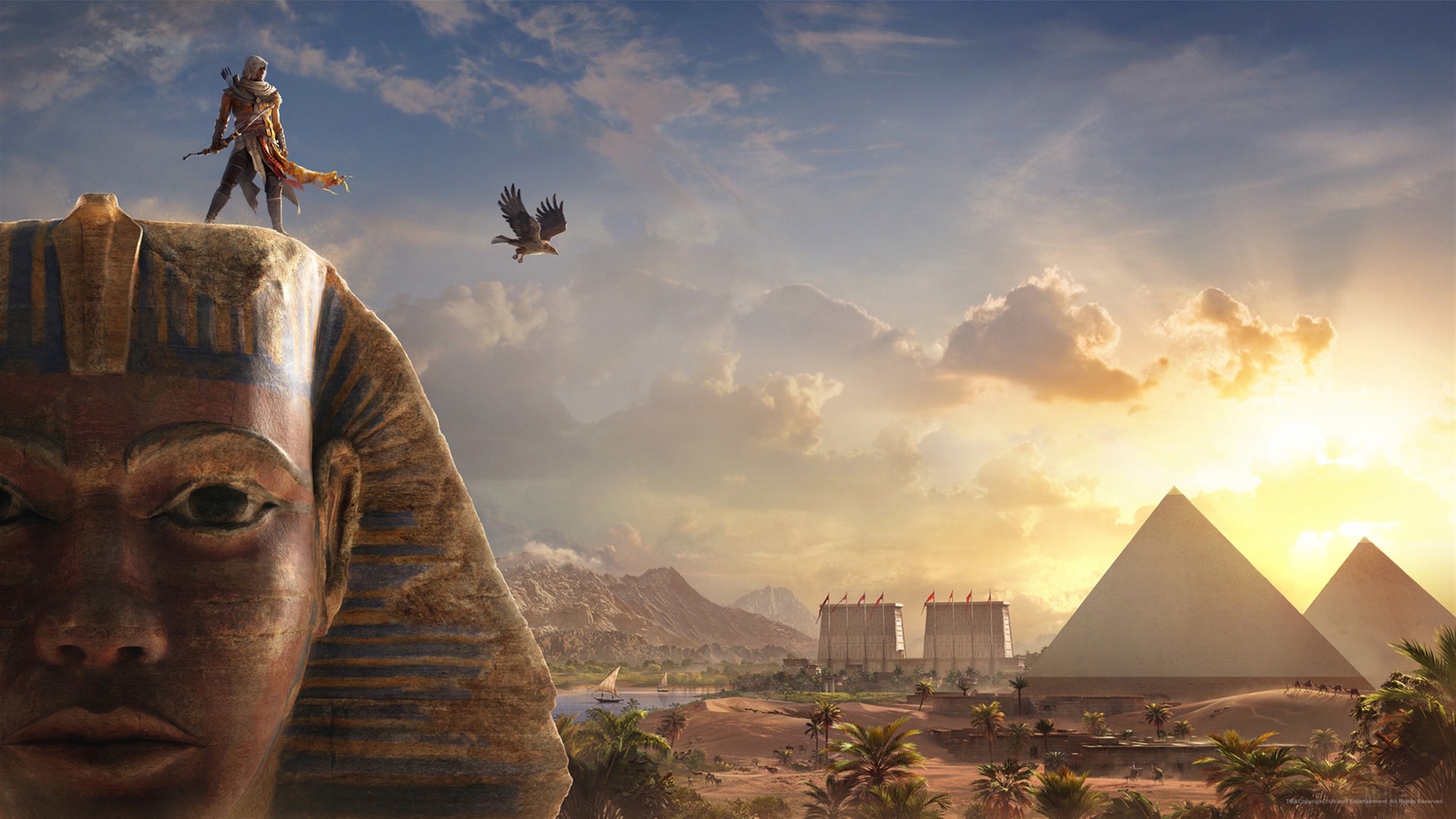 Bayek from Assassin's Creed Origins with Sphinx and Pyramids 4K HD Wallpaper