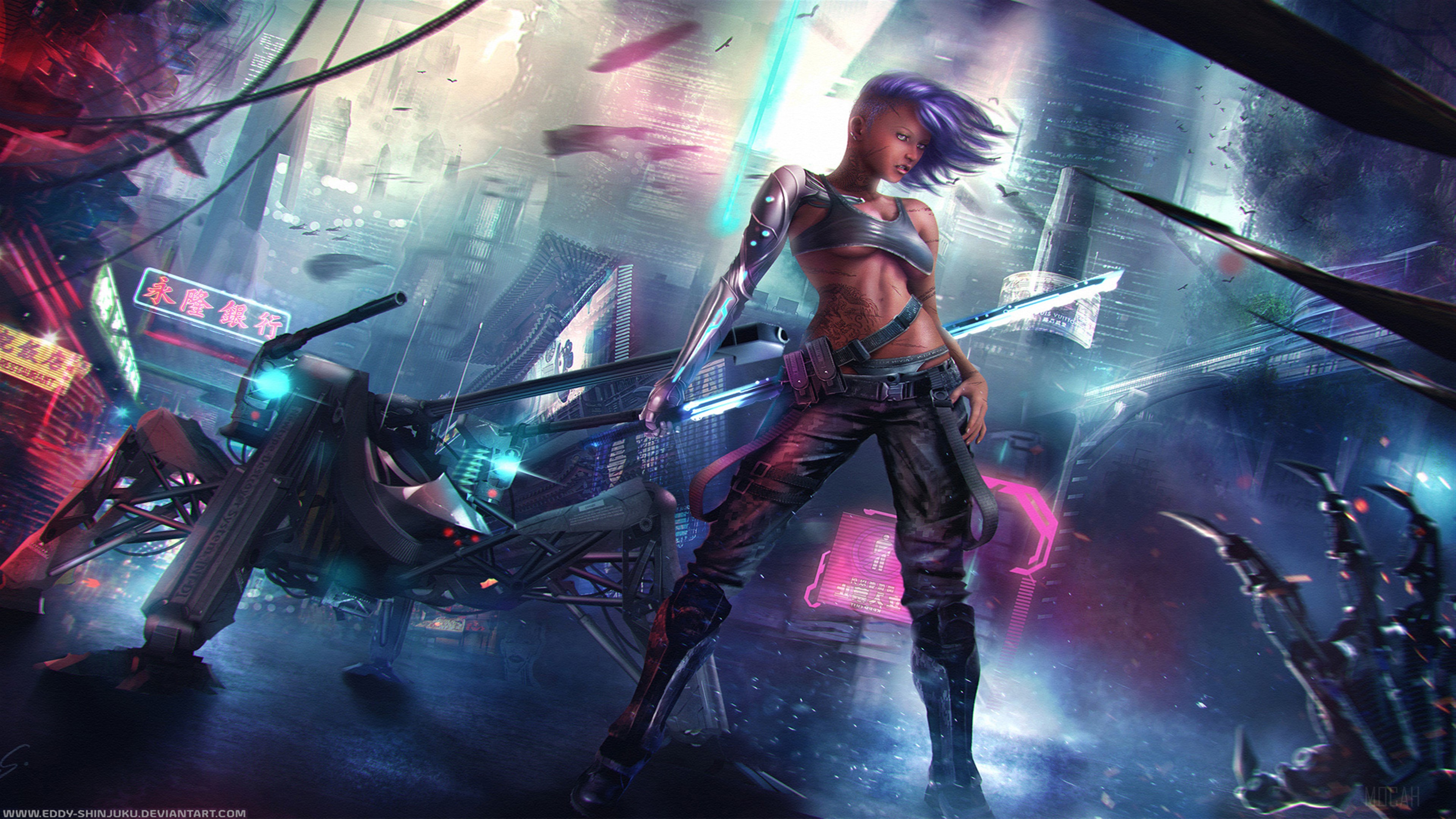 Asian Cyberpunk Woman with Cybernetic Arm 4K HD Wallpaper