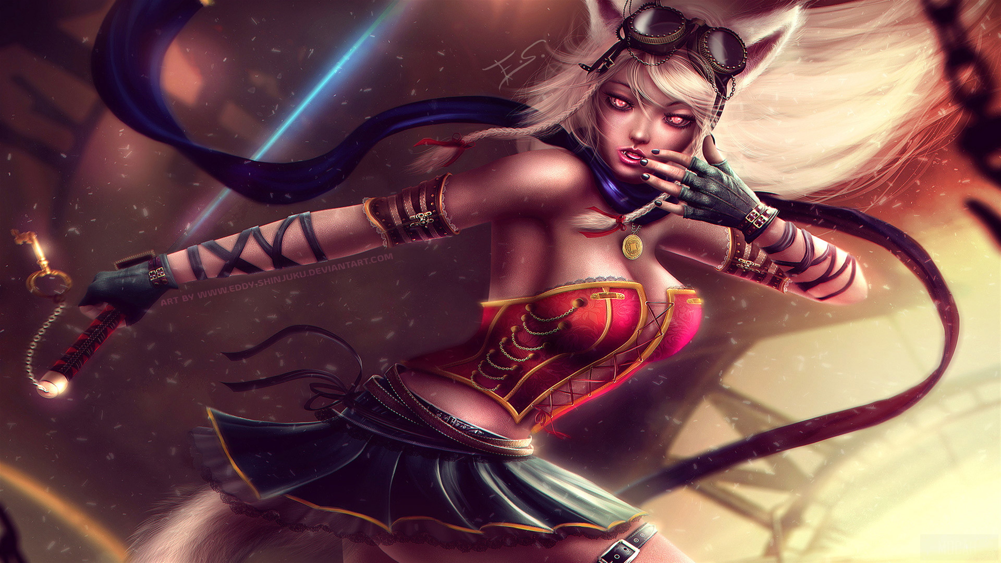 Steampunk fox-girl with goggles and whip 4K HD Wallpaper