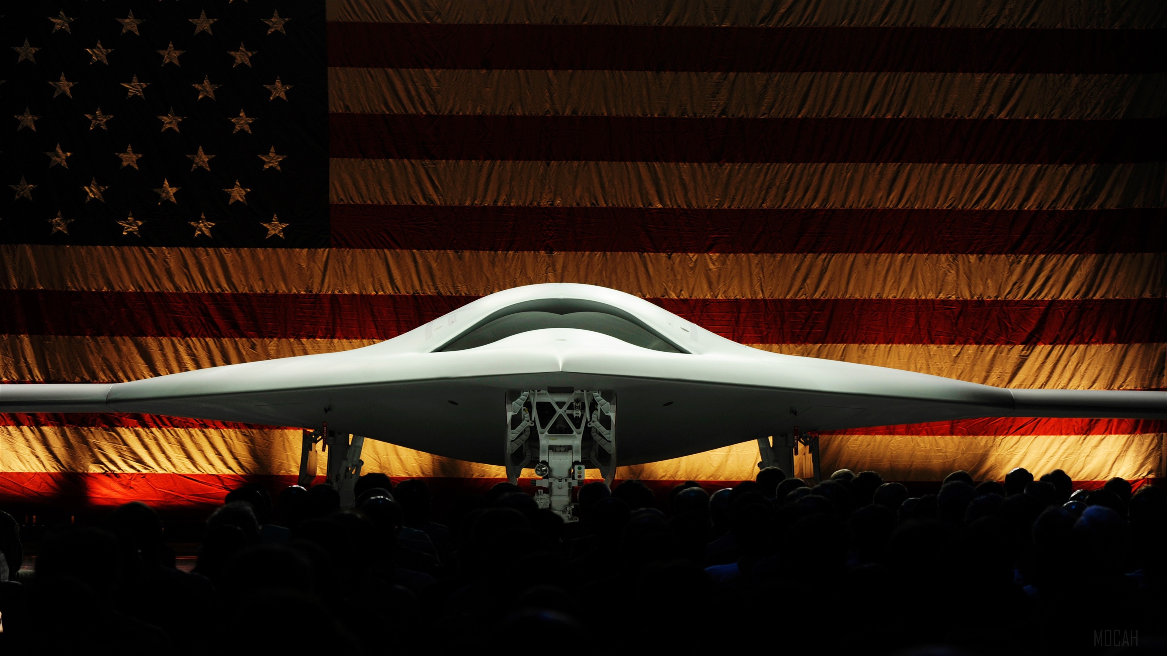 Boeing X-45 Phantom Ray drone in front of American flag HD Wallpaper