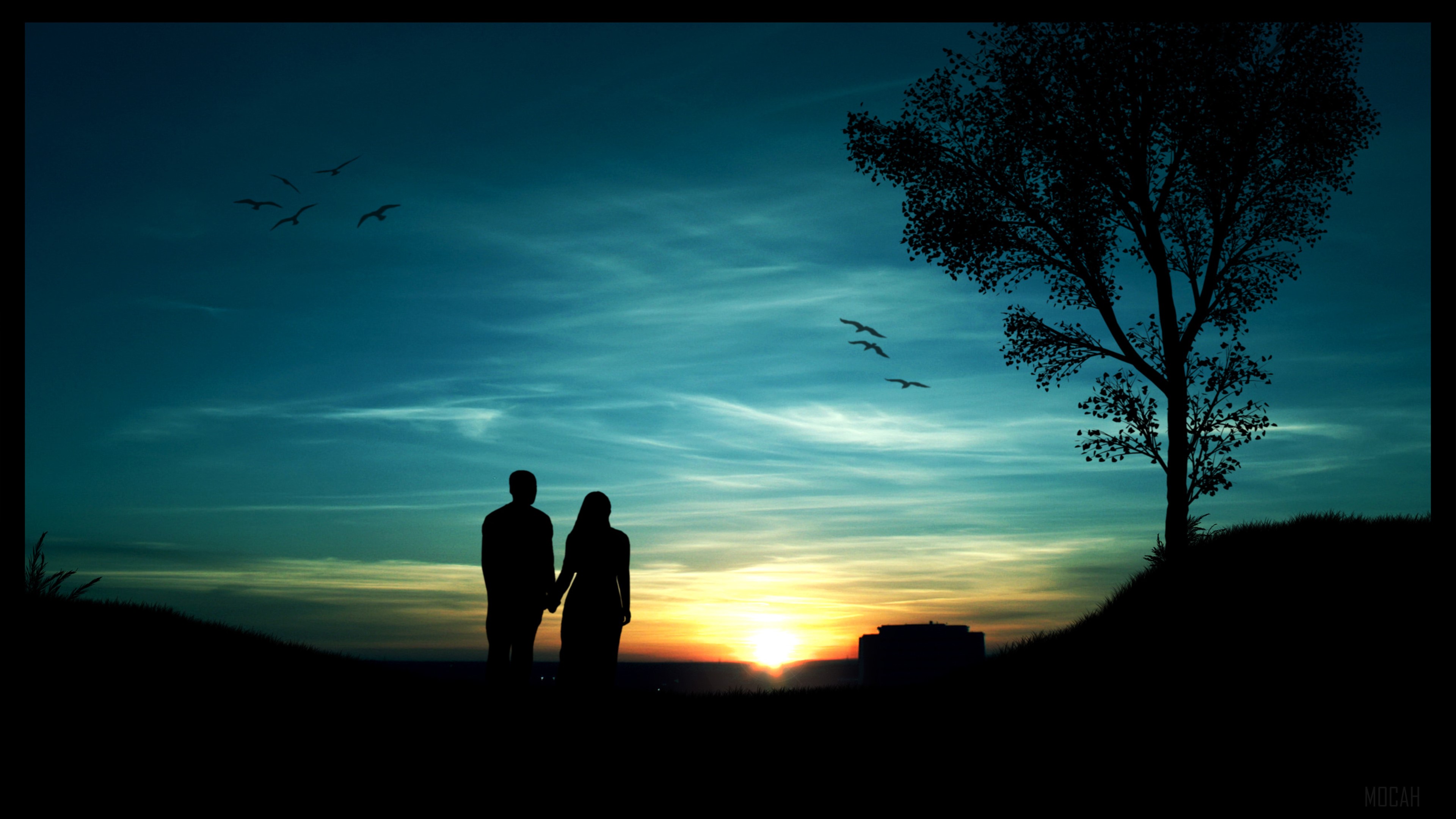 Couple Holding Hands at Sunset with Birds HD Wallpaper