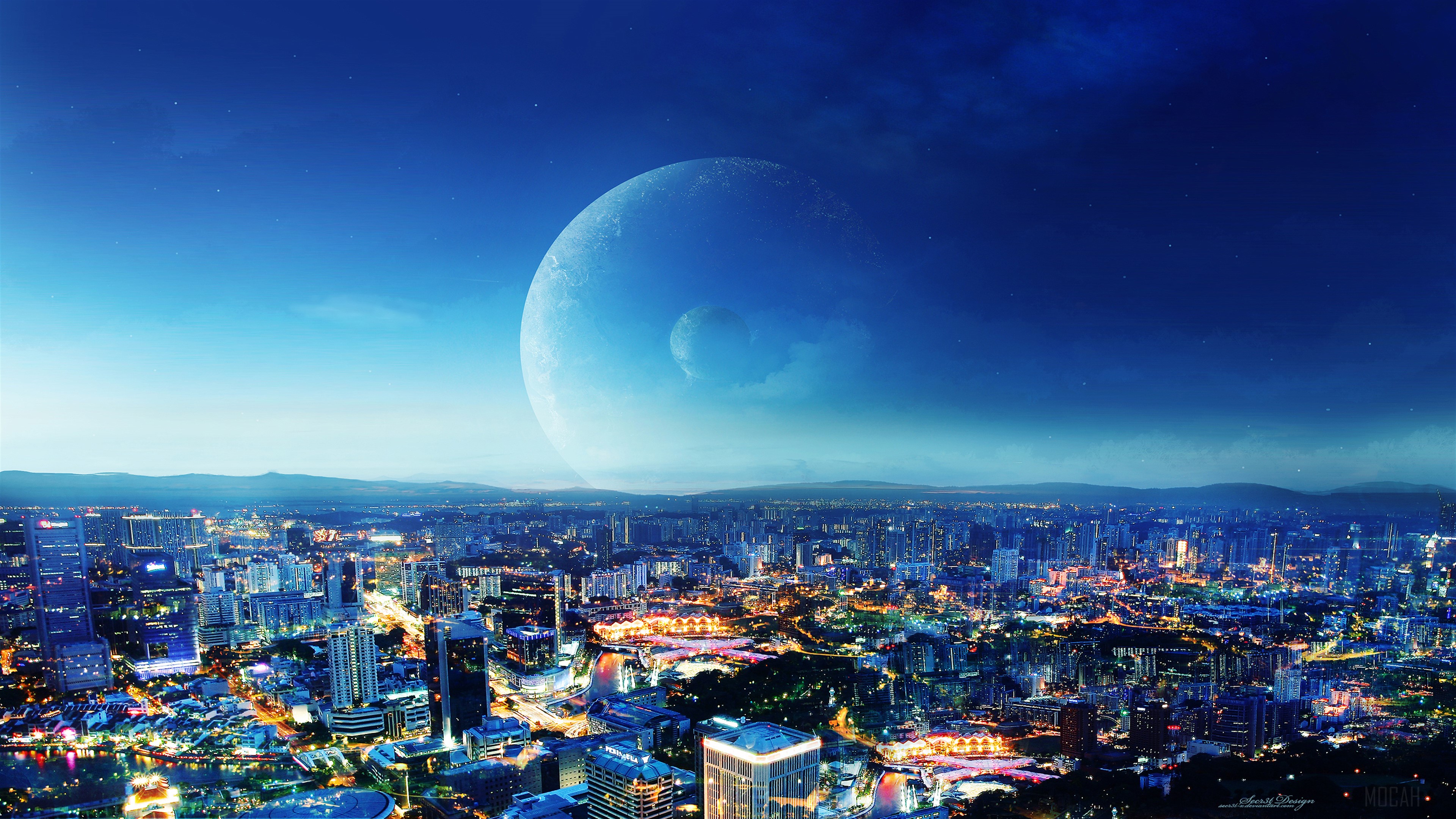 Fantasy Cityscape with Giant Moon 4K HD Wallpaper