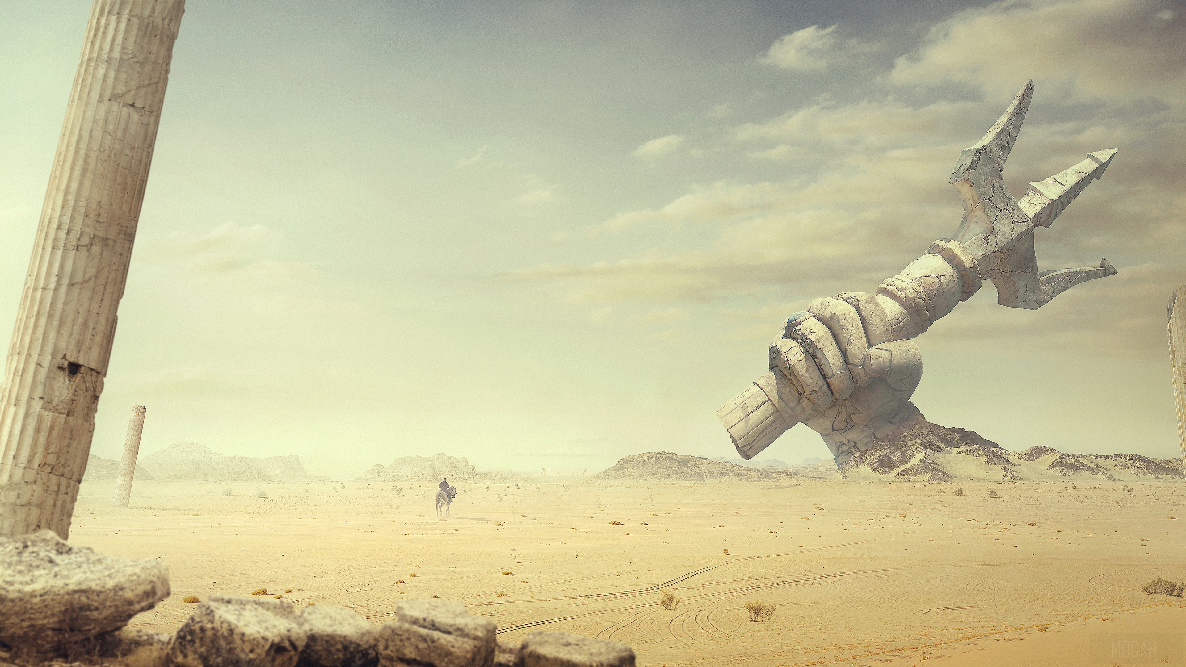Giant Stone Hand Holding Trident in Ancient Desert Ruins 4K HD Wallpaper