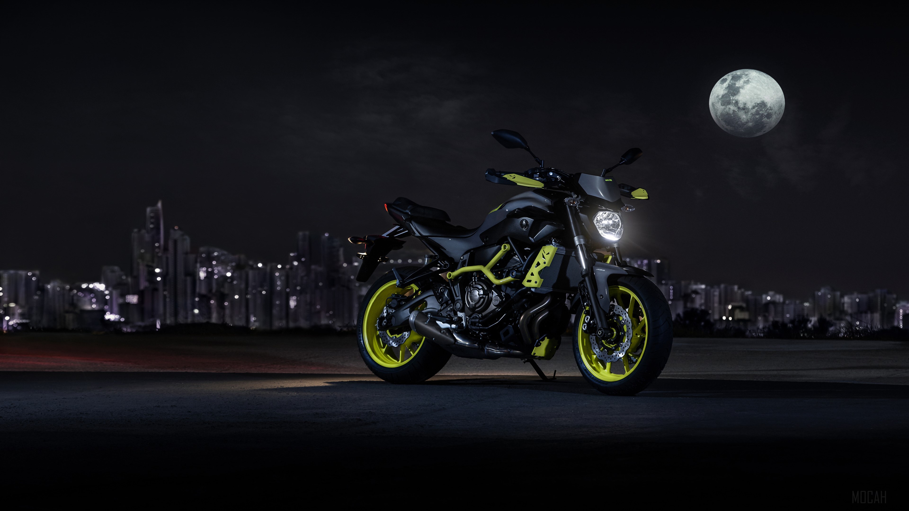 2017 Yamaha MT-07 motorcycle at night with city skyline and moon HD Wallpaper