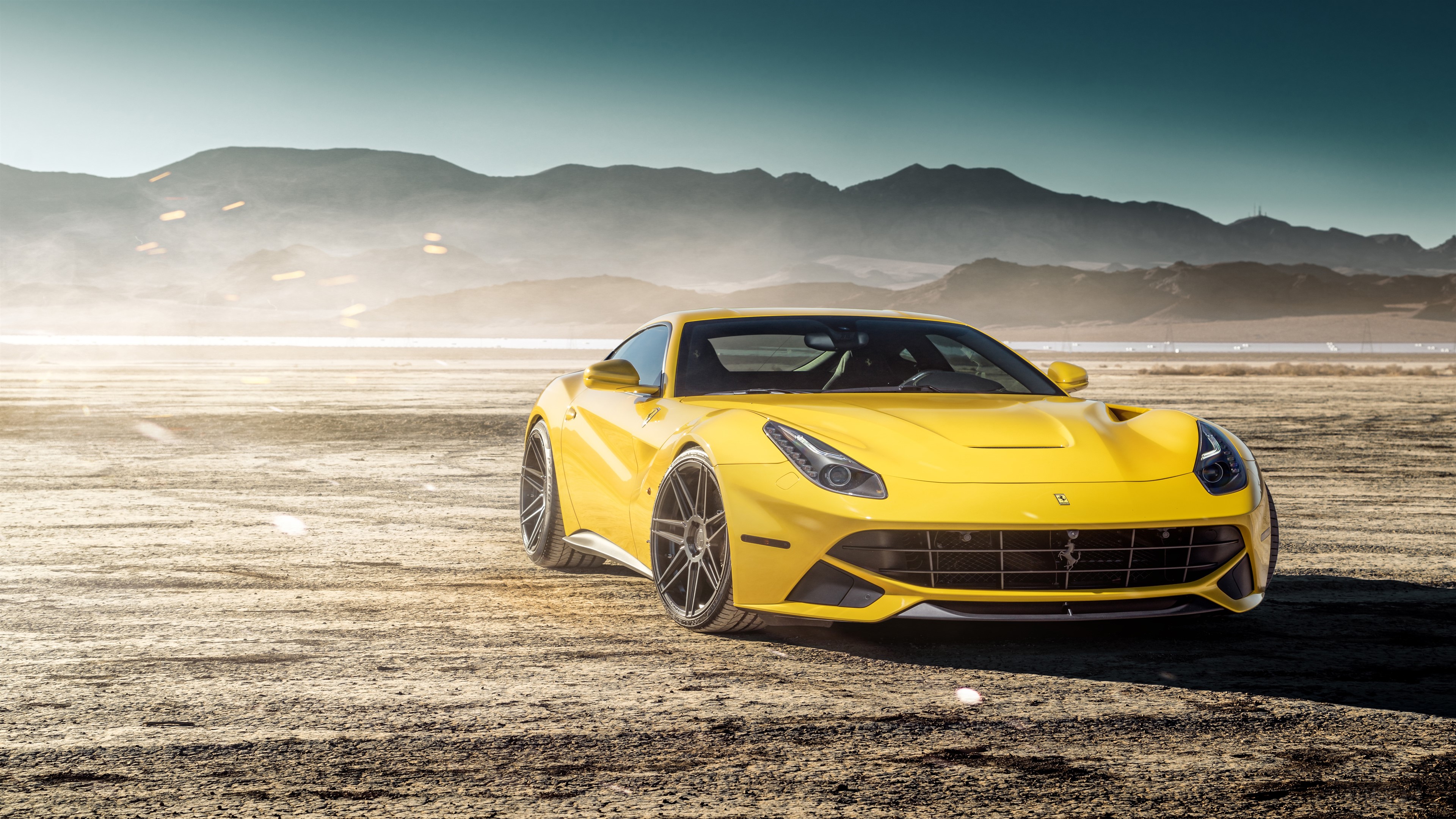 Yellow Ferrari F12berlinetta with Ferrada Wheels in Desert 4K HD Wallpaper