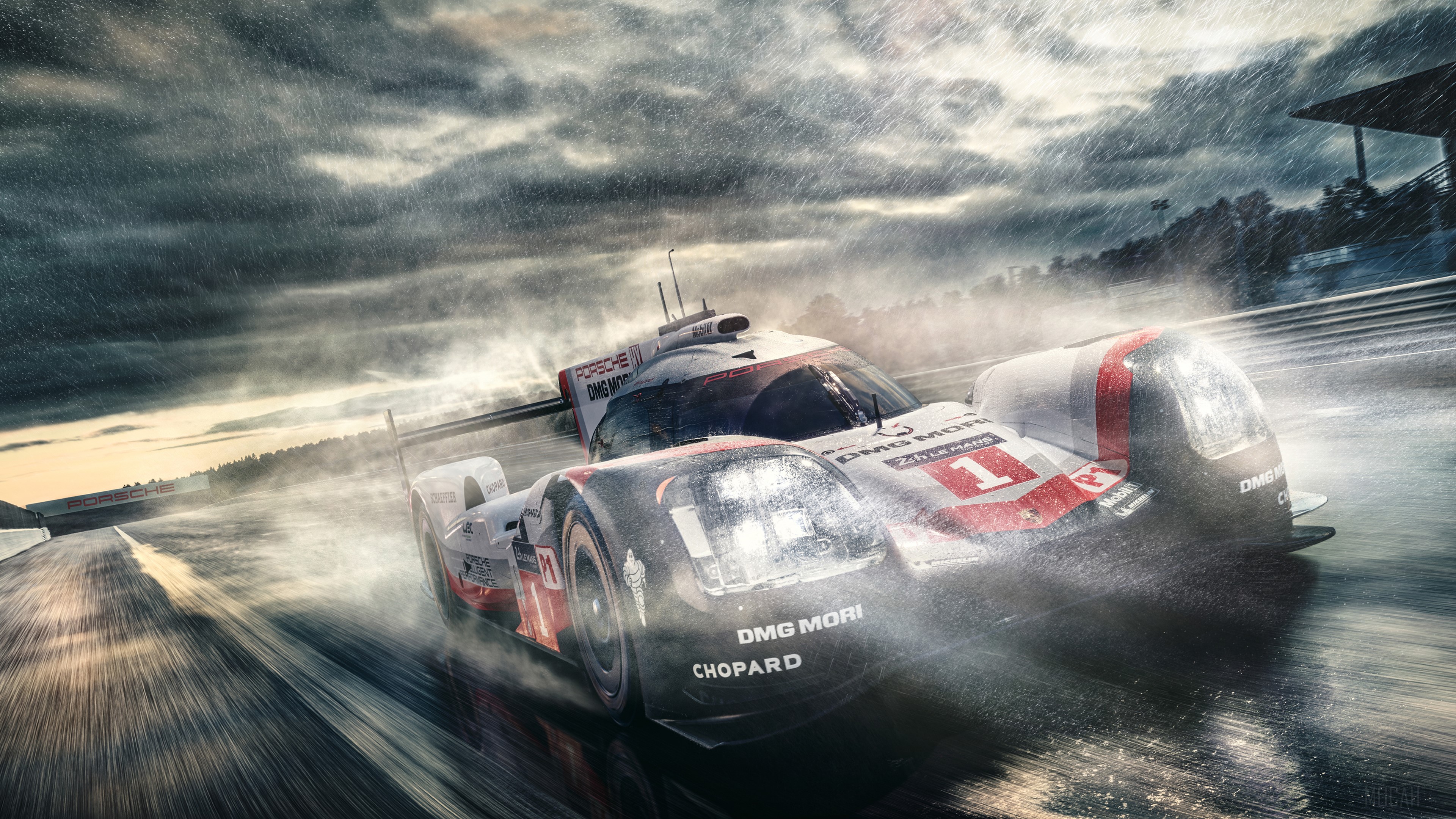 Porsche 919 Hybrid racing in the rain 4K HD Wallpaper