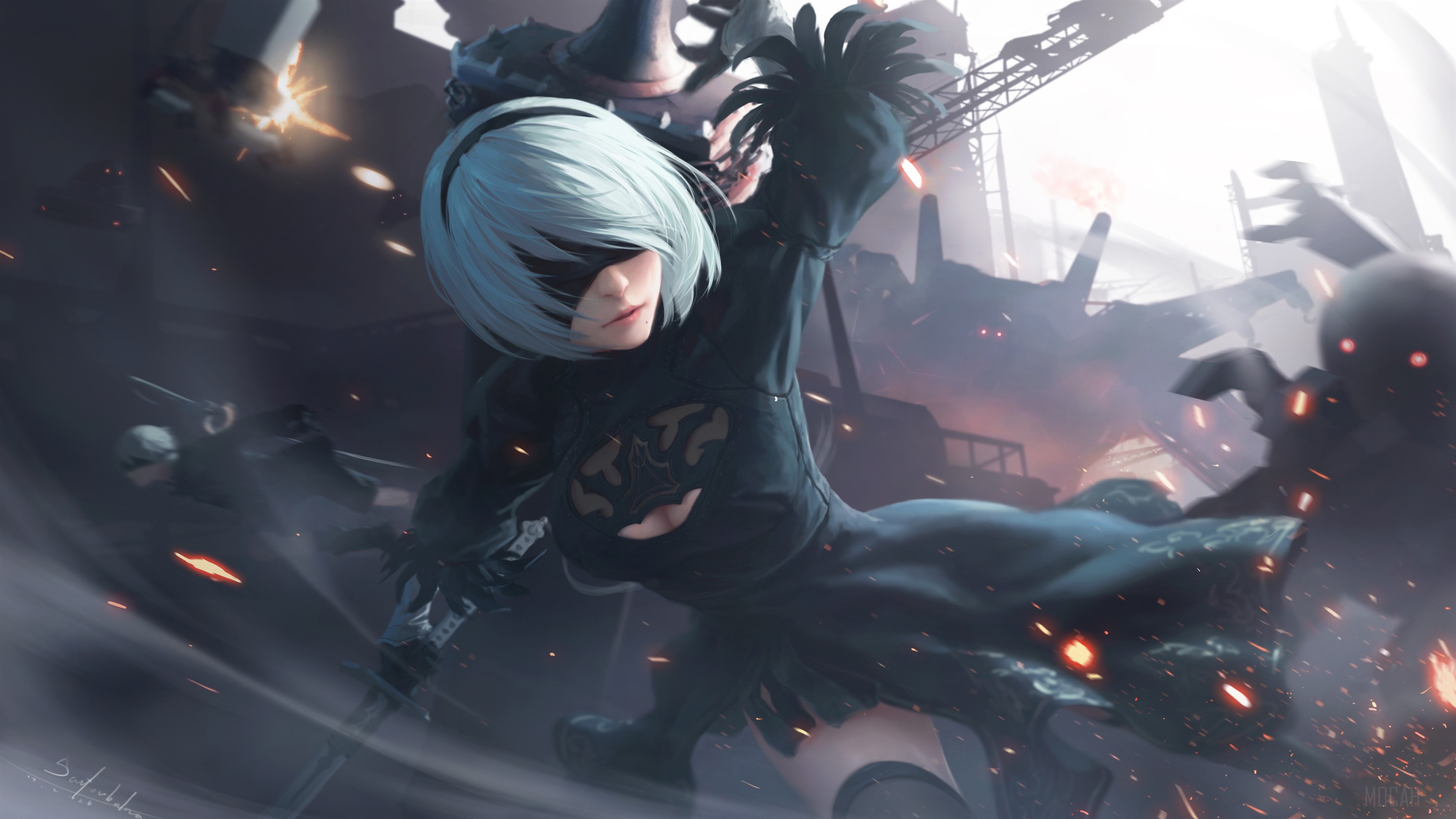 2B from Nier Automata in battle 4K HD Wallpaper