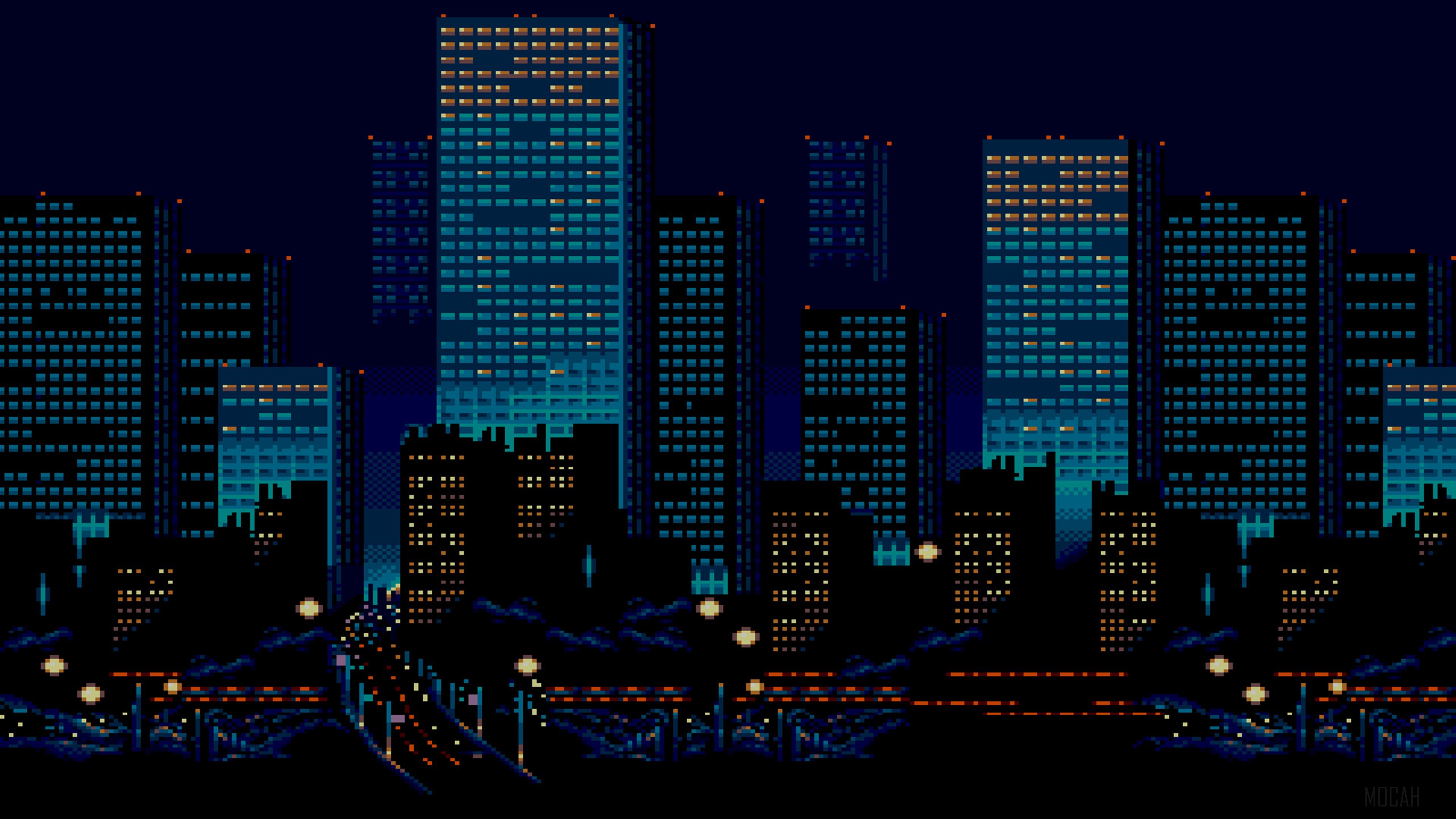 Pixelated Cityscape at Night with Lights HD Wallpaper