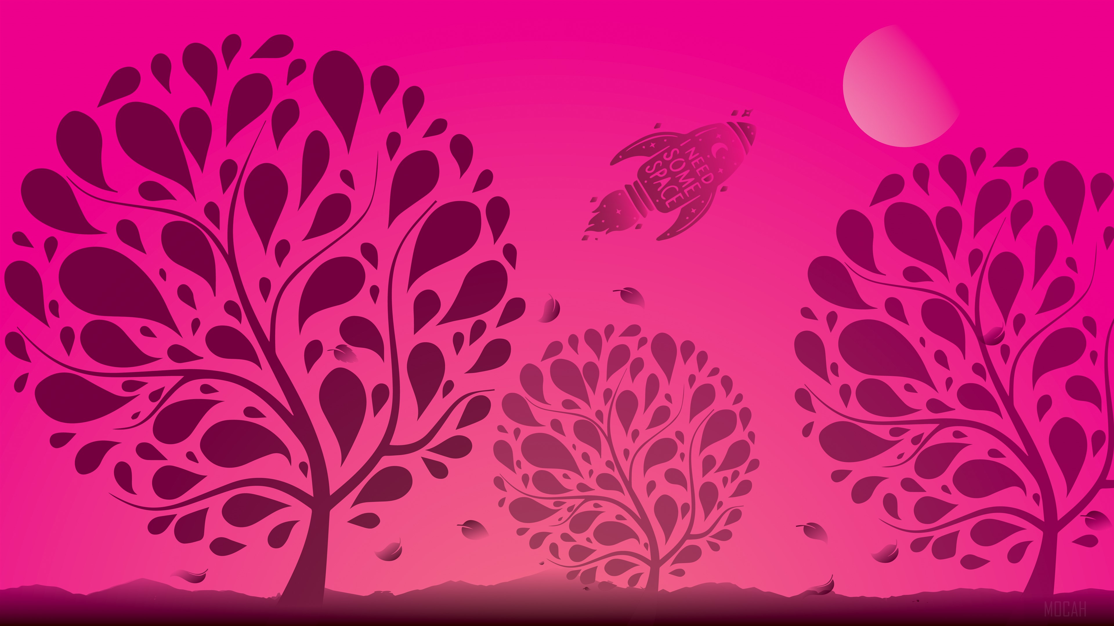 Rocketship with "I Need Some Space" text and stylized trees HD Wallpaper