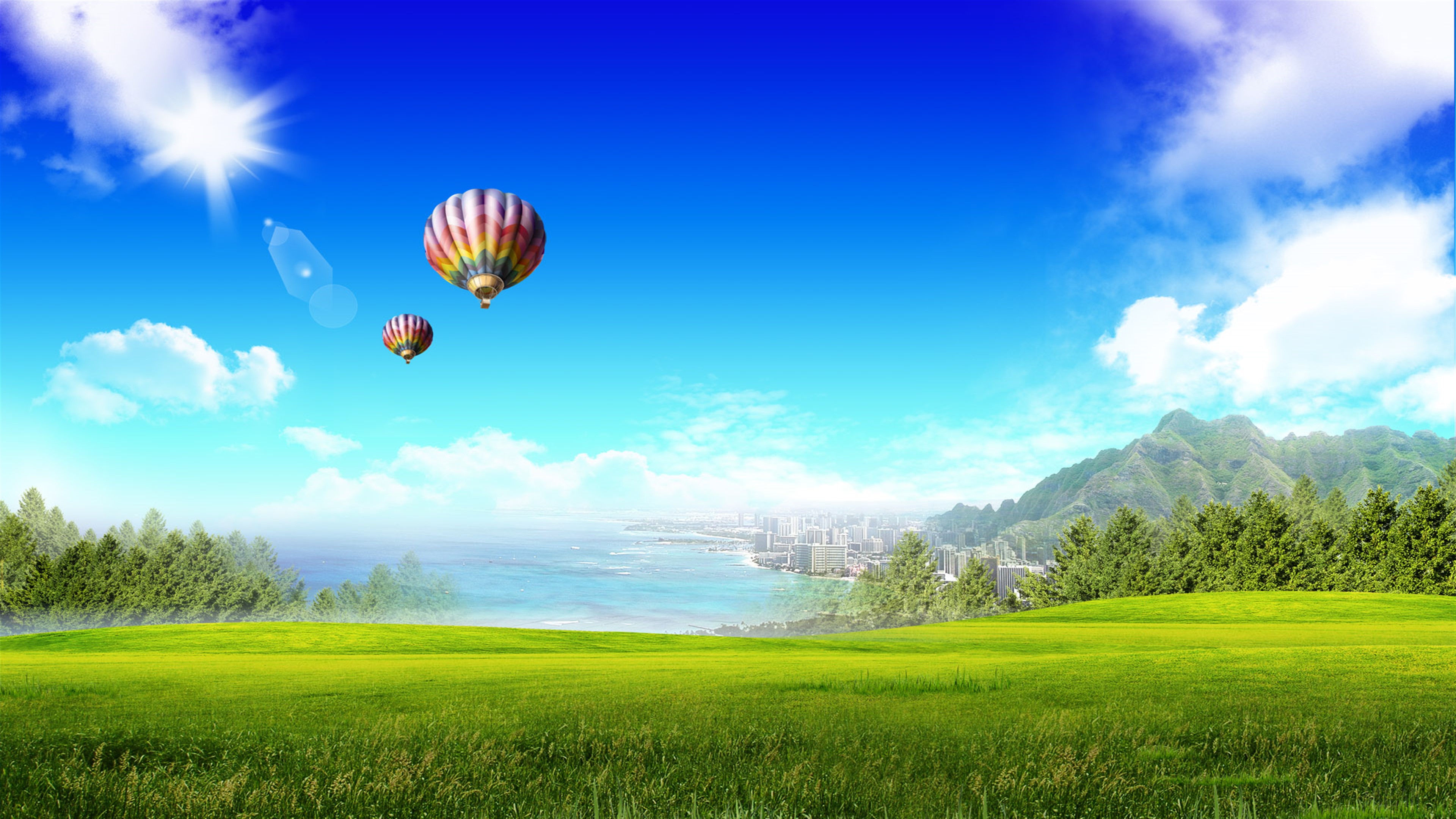 Hot Air Balloons over City and Mountains 4K HD Wallpaper