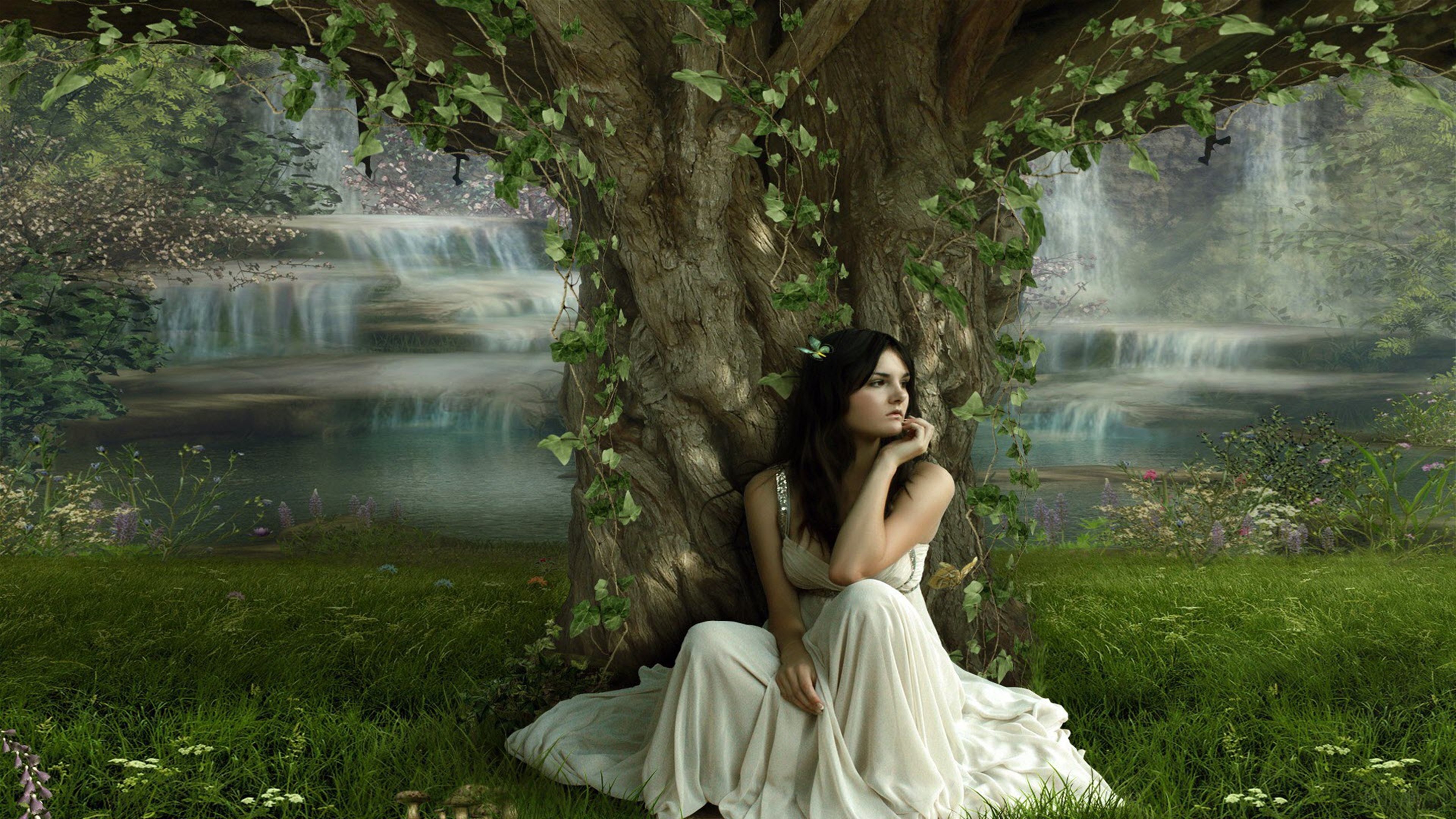 Fantasy Girl by Waterfall 4K HD Wallpaper