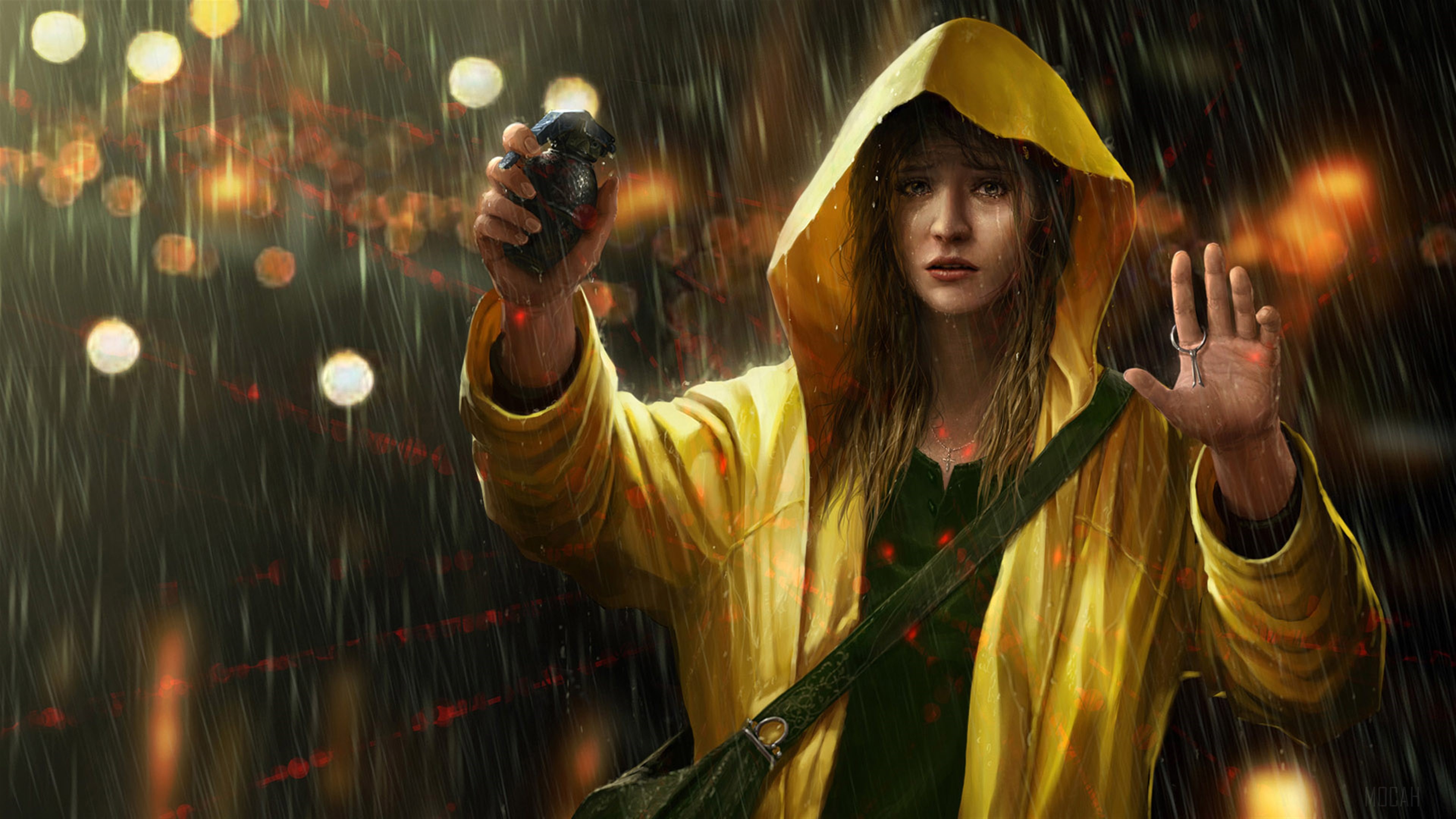 Girl in Yellow Raincoat Holding Grenade in Rain 4K HD Wallpaper