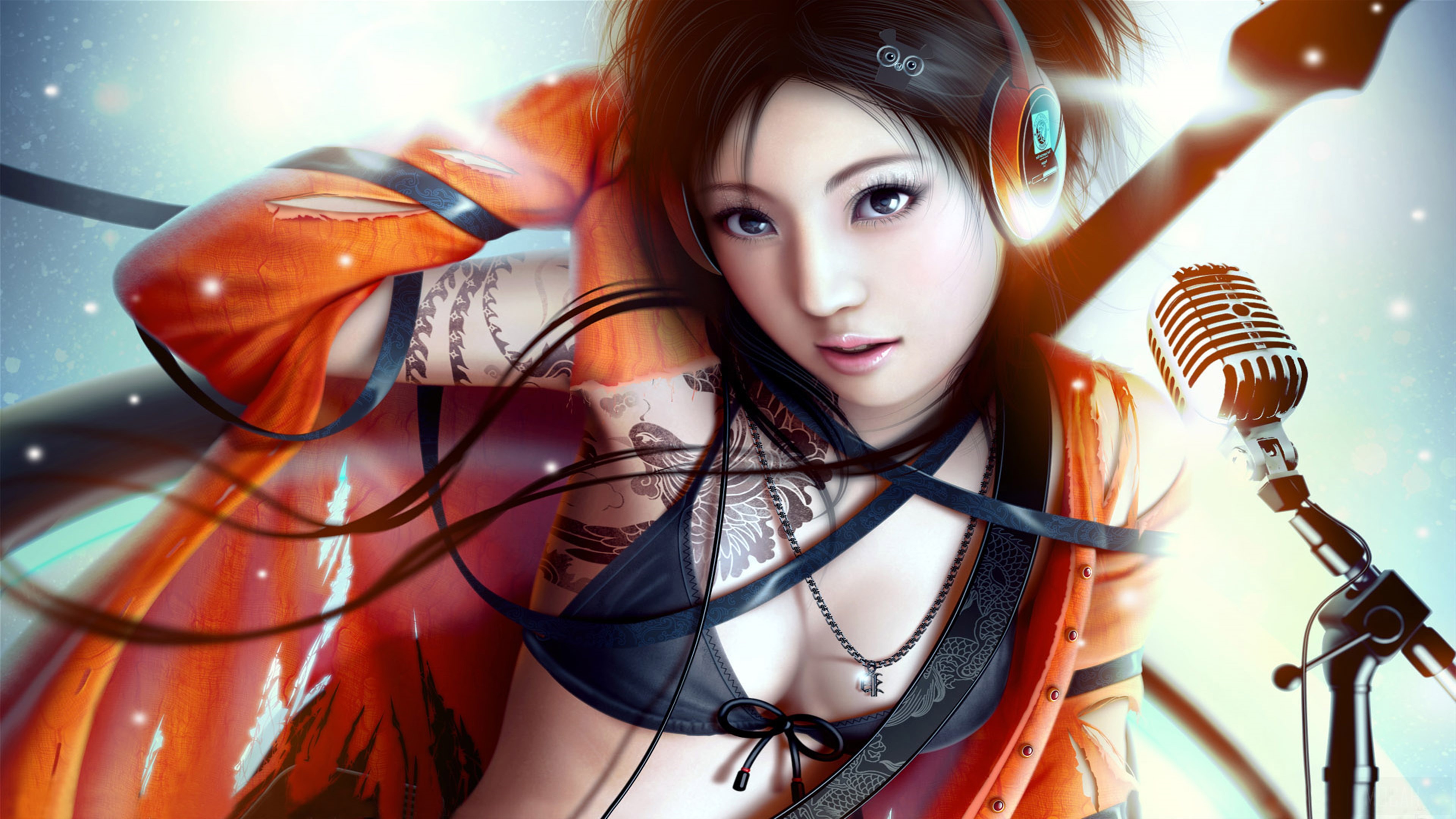 Fantasy girl singing with headphones and microphone 4K HD Wallpaper