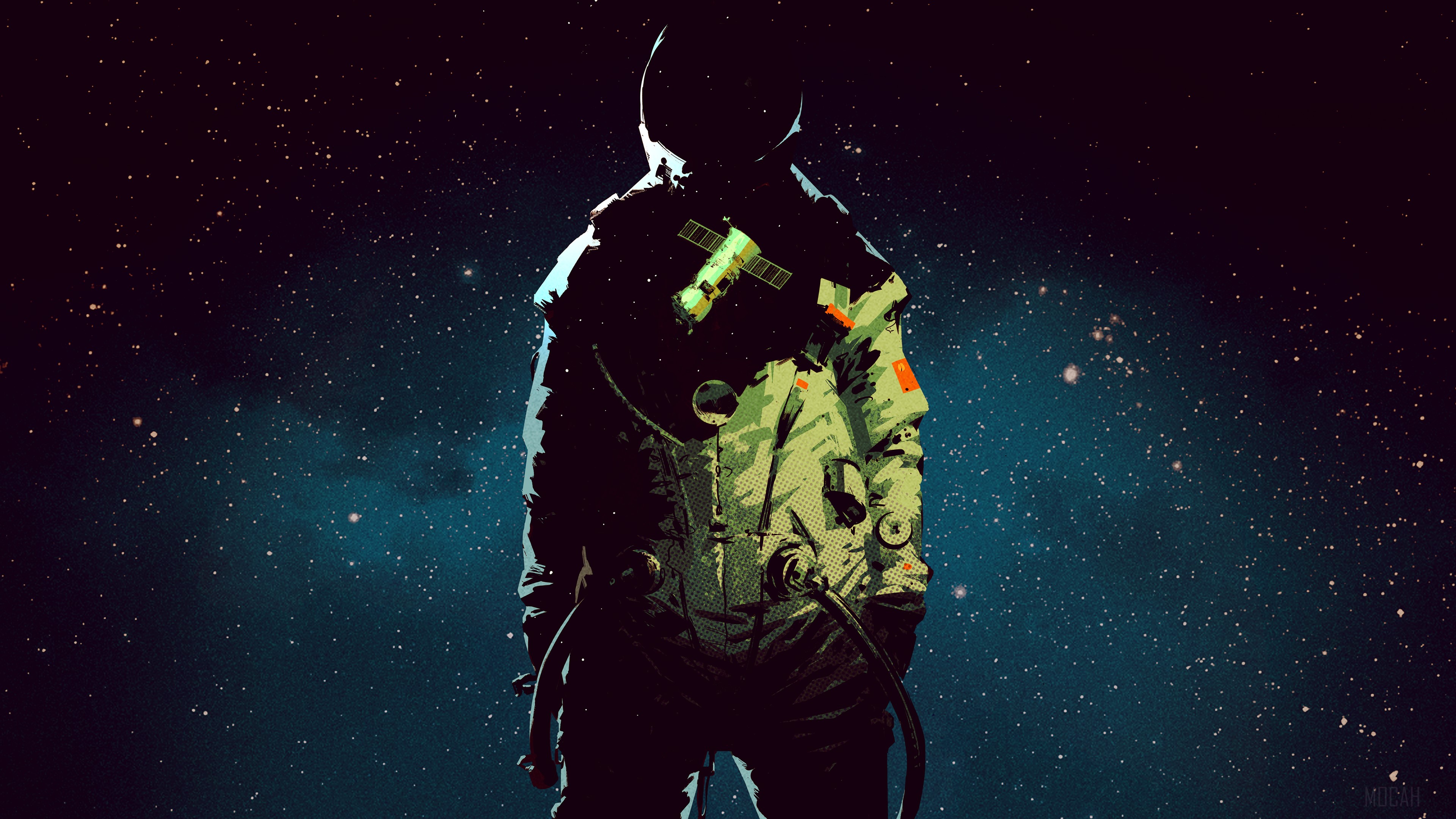 Astronaut with Space Station on Suit HD Wallpaper
