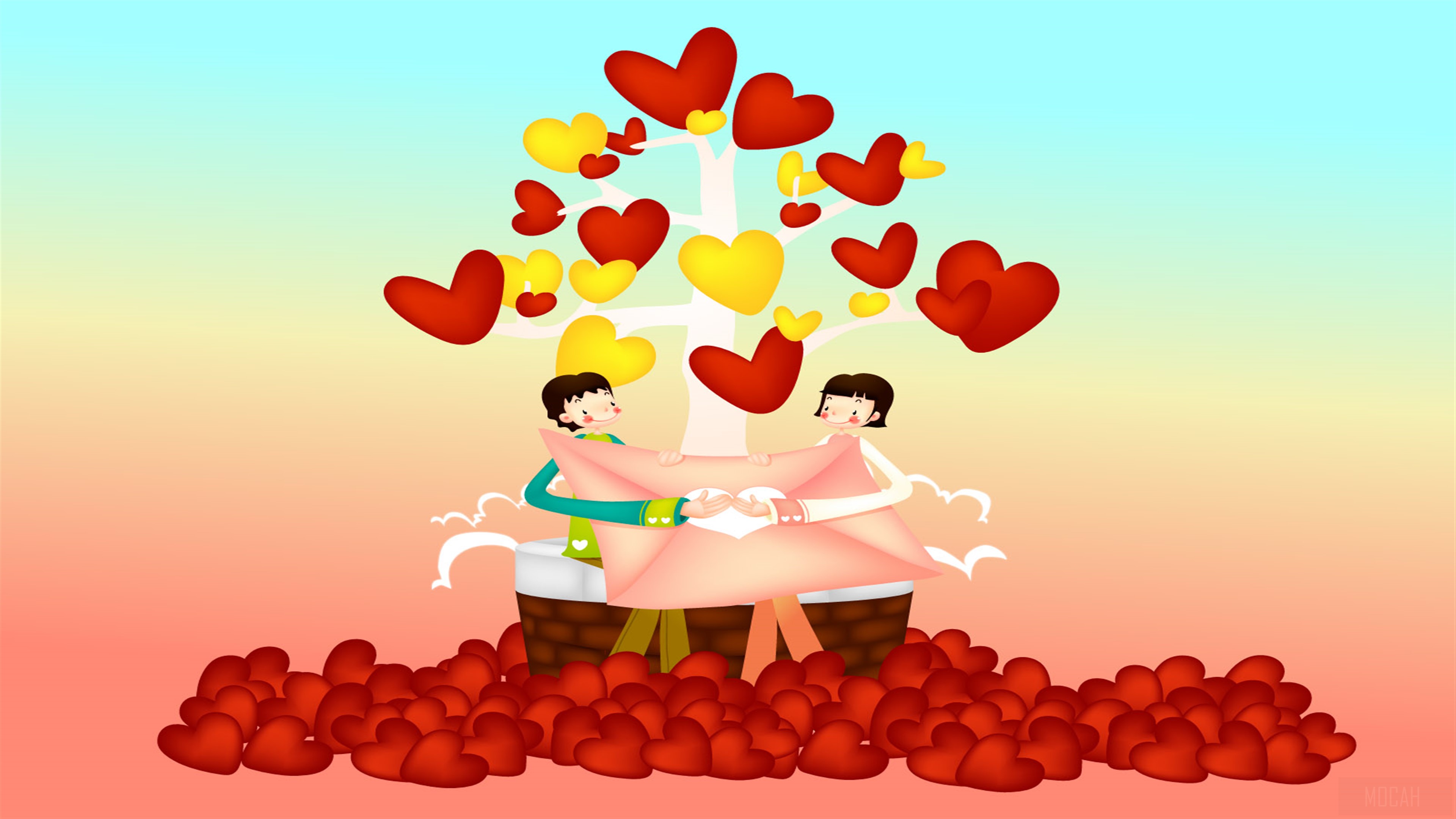 Couple Holding Envelope Under Heart Tree 4K HD Wallpaper