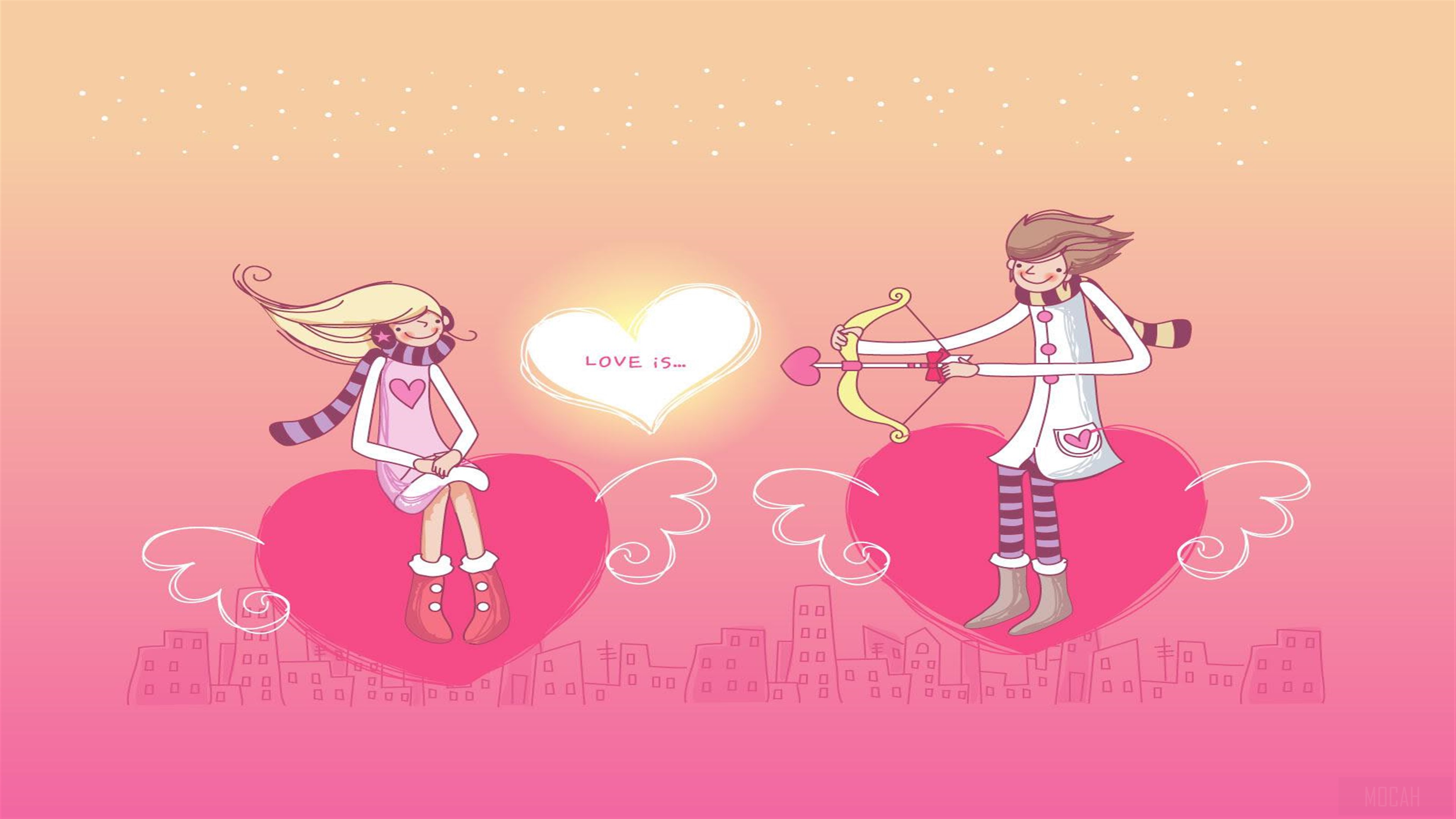 Cupid and Girl on Hearts with Cityscape HD Wallpaper