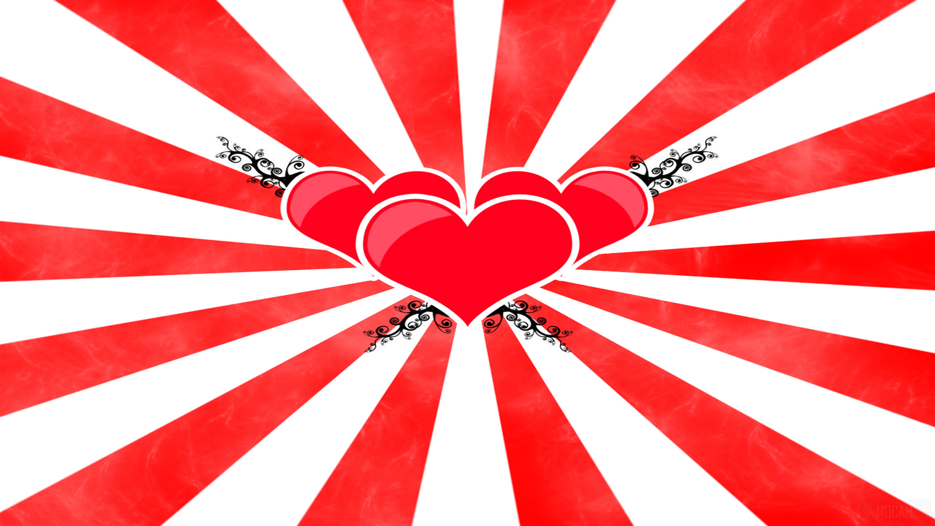 Three Red Hearts with Swirls on Red and White Sunburst Background 4K HD Wallpaper