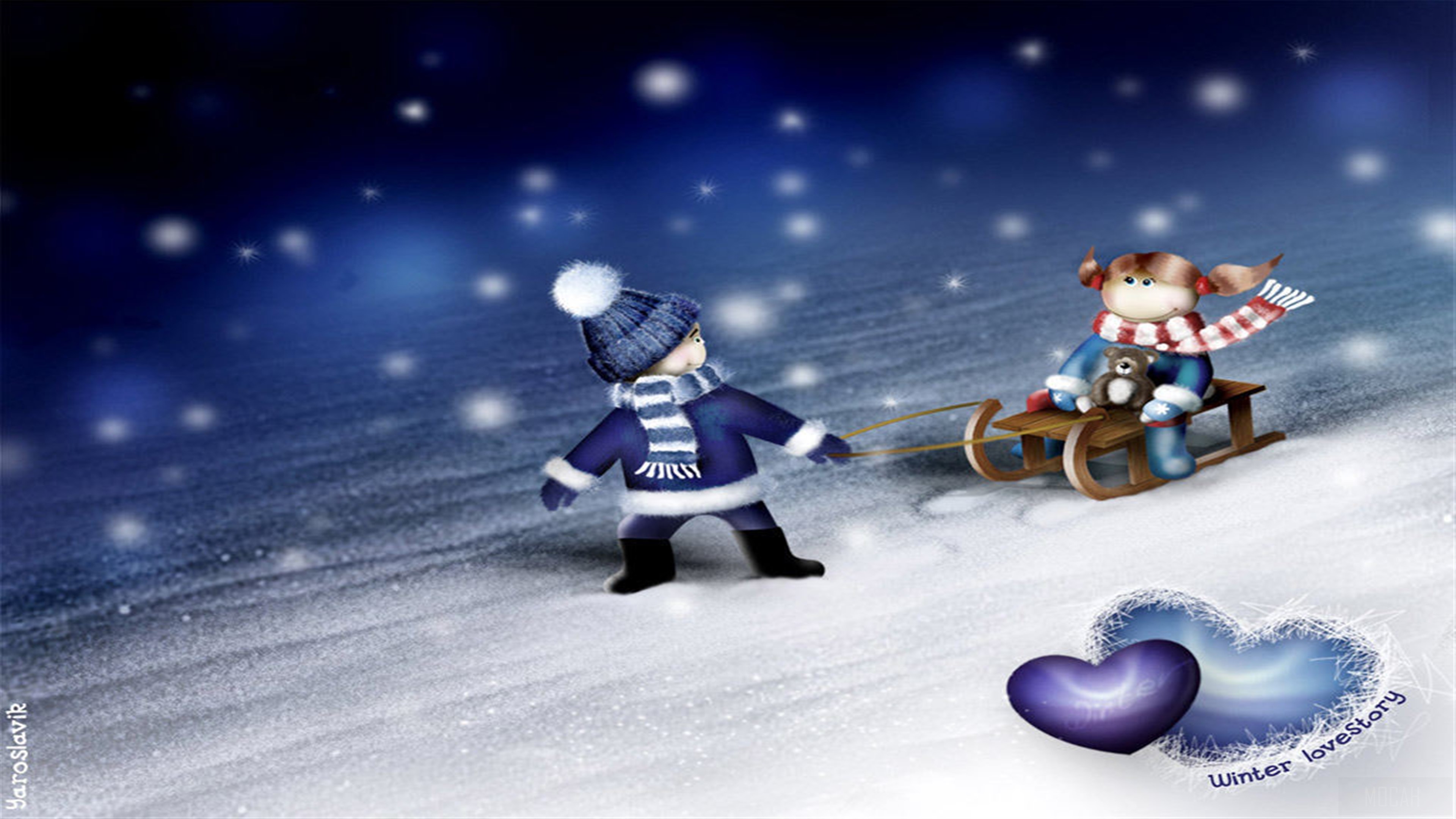 Children pulling a sled in the snow HD Wallpaper