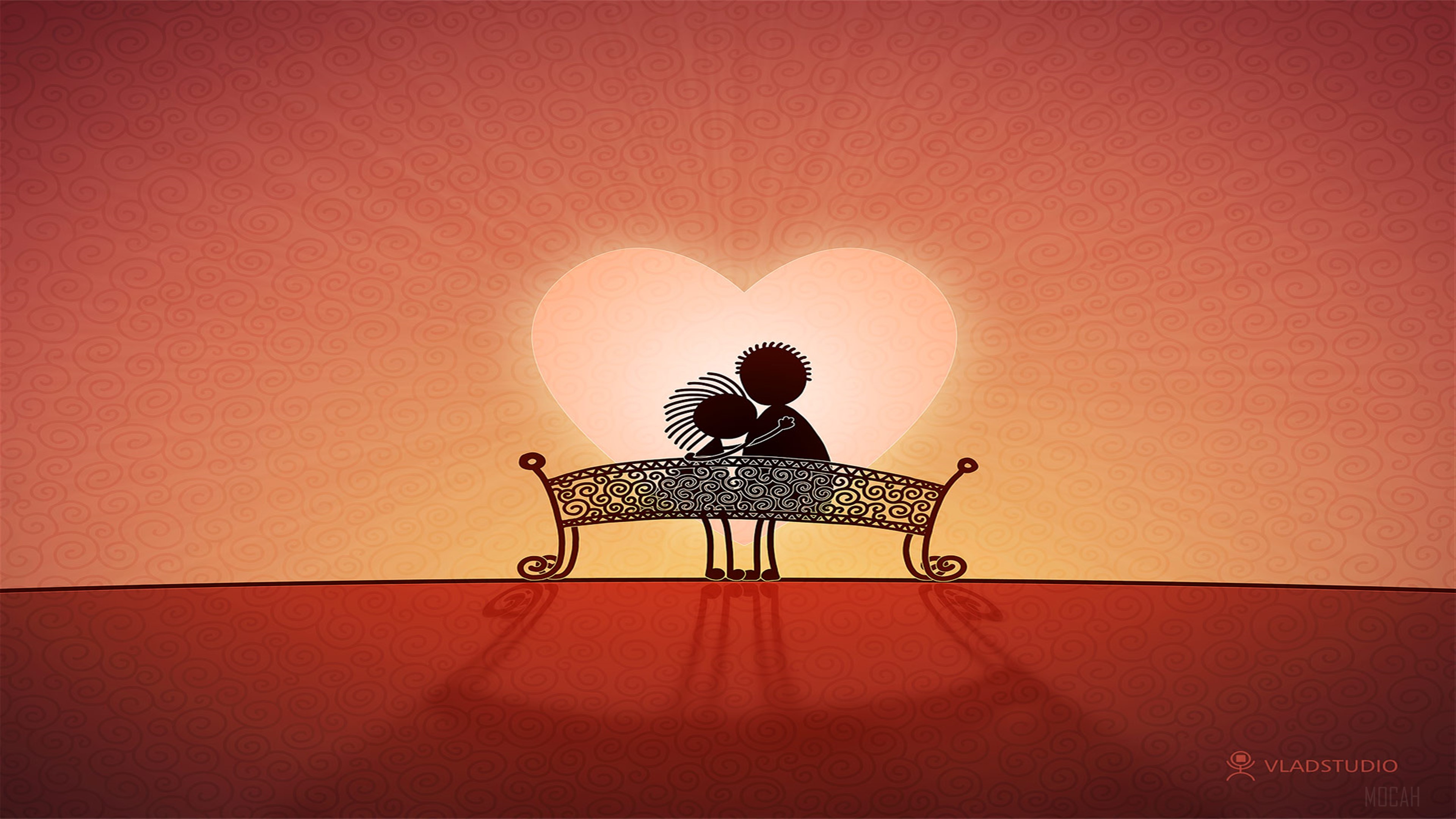 Couple Embracing on a Bench in Front of a Heart HD Wallpaper