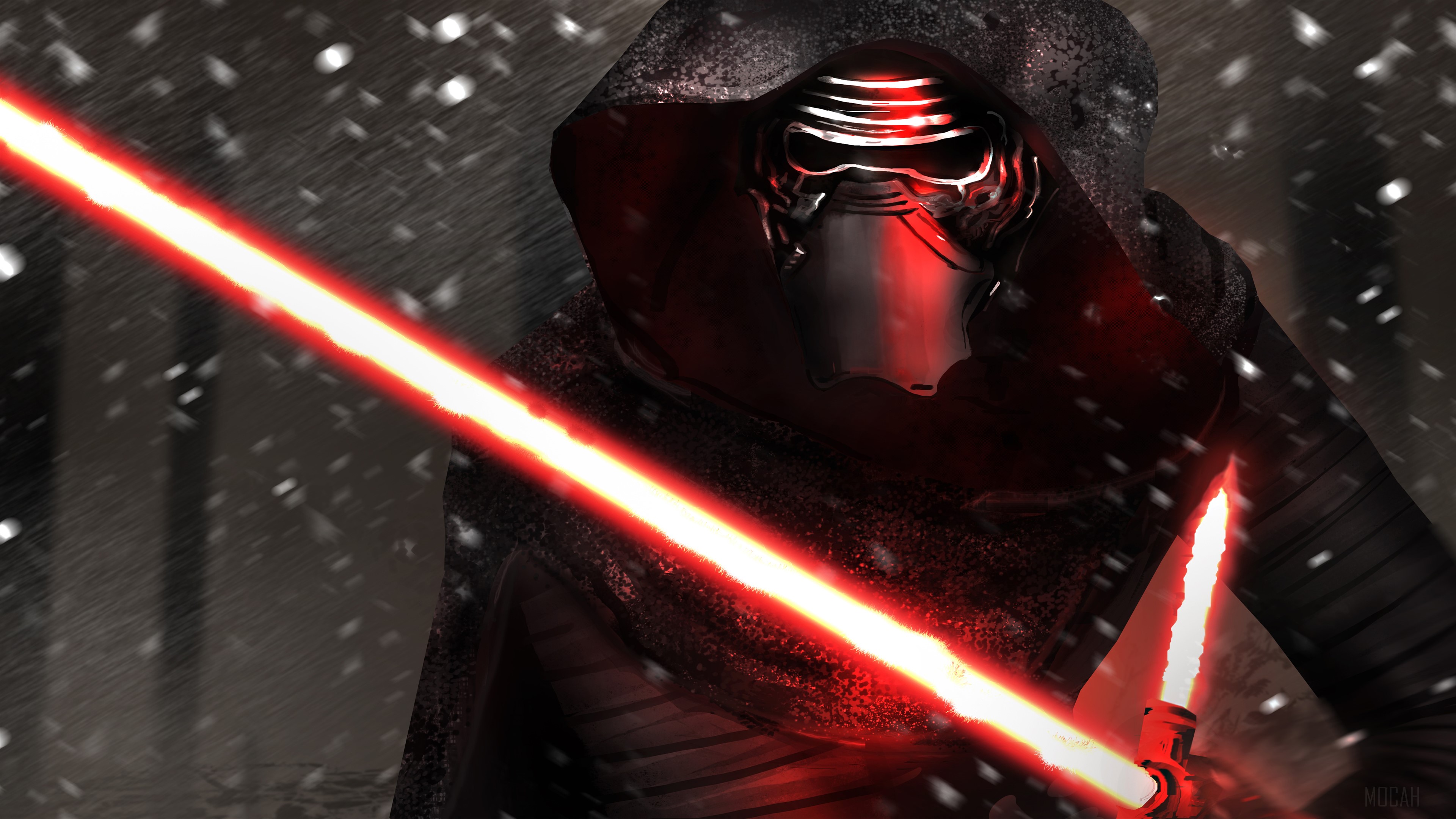 Kylo Ren with Red Lightsaber in Snow 4K HD Wallpaper