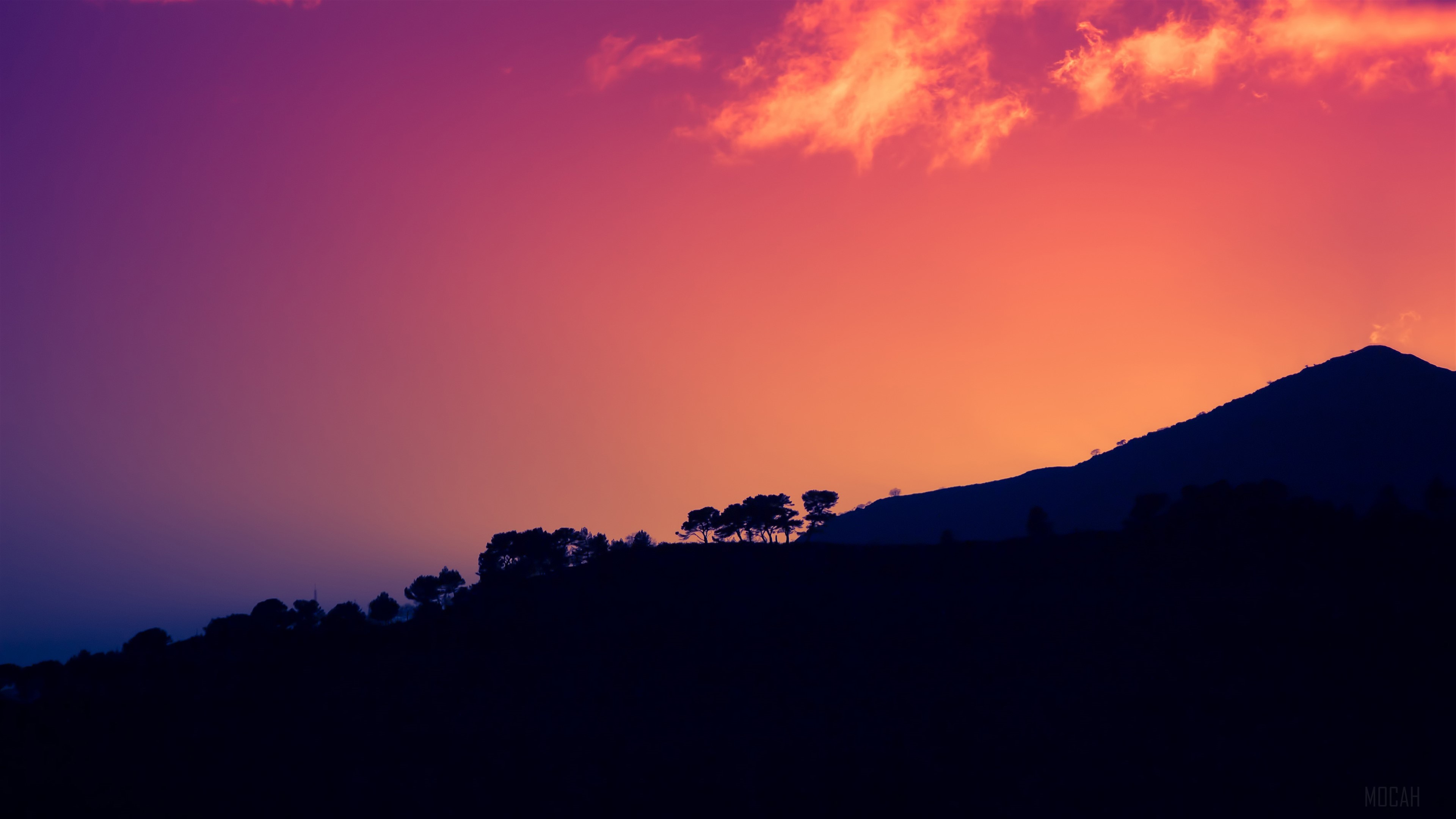 Sunset over dark mountains with trees 4K HD Wallpaper