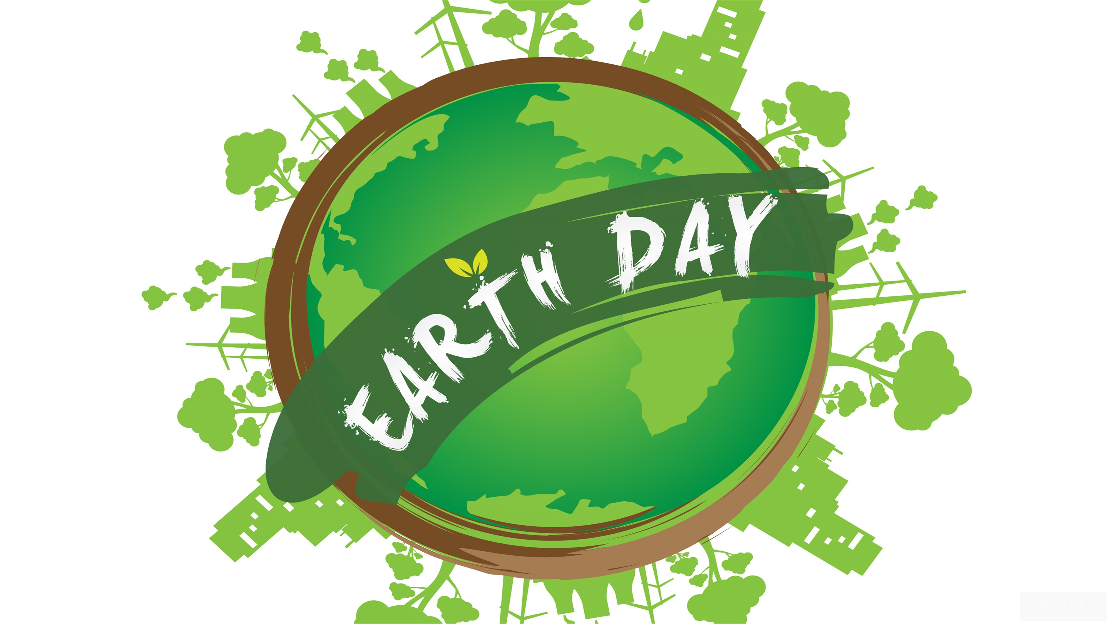 Earth Day illustration with green planet and text HD Wallpaper