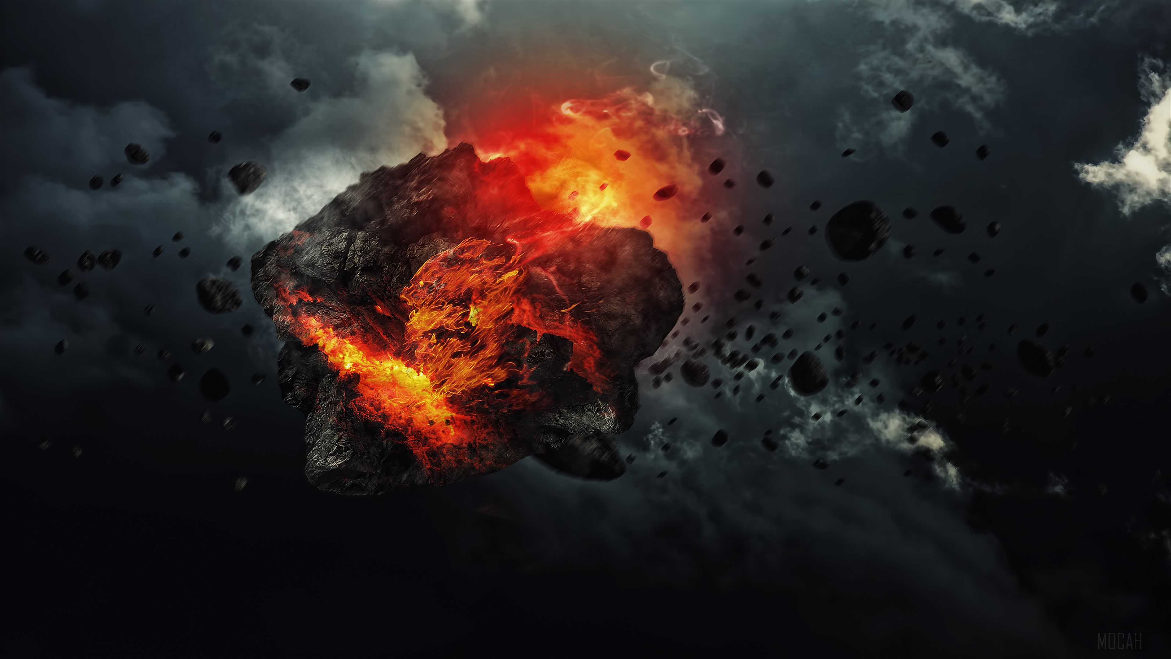Fiery Asteroid with Debris in Dark Sky 4K HD Wallpaper