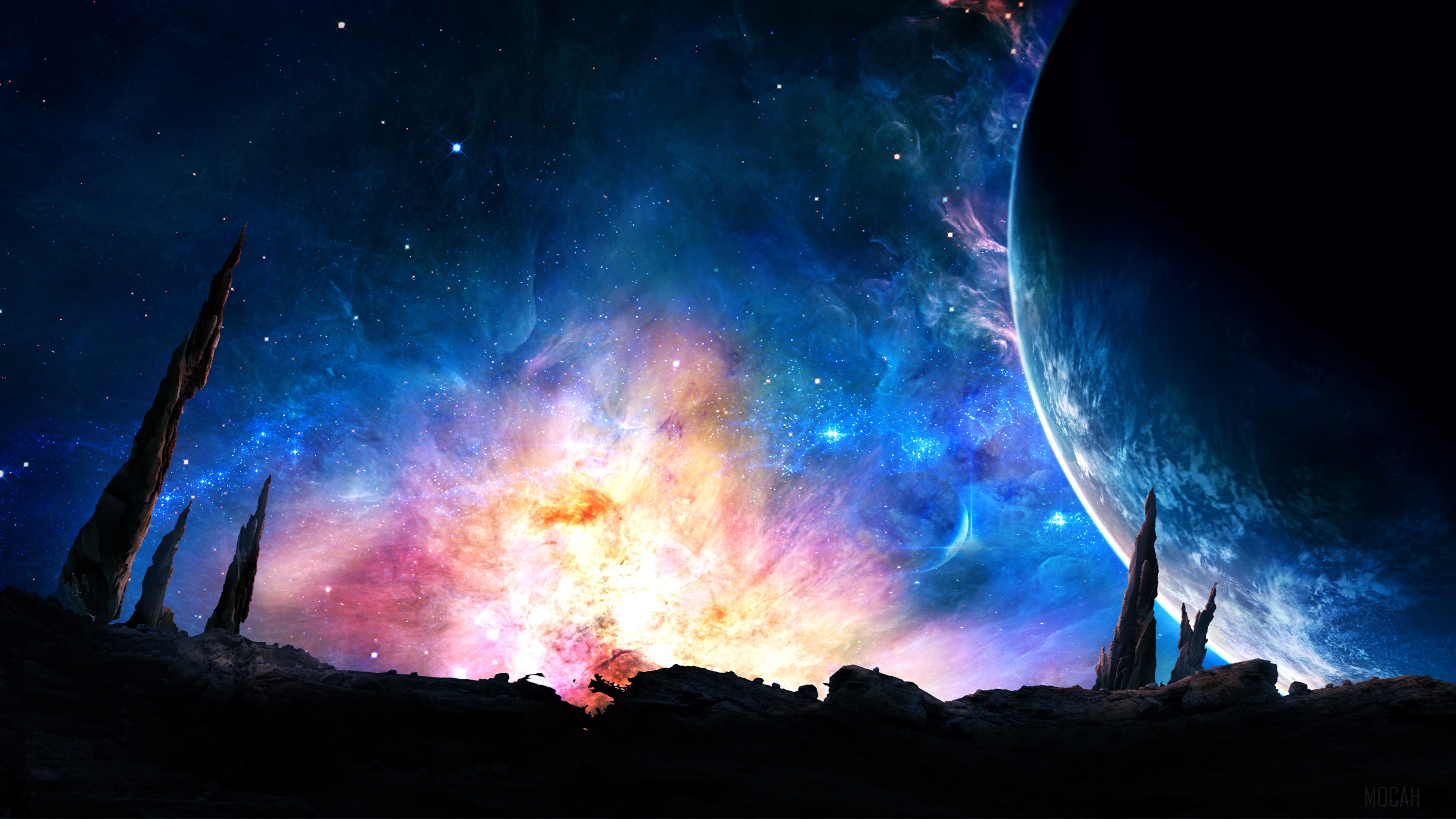 Galaxy Power Burst with Planet and Cosmic Landscape 4K HD Wallpaper
