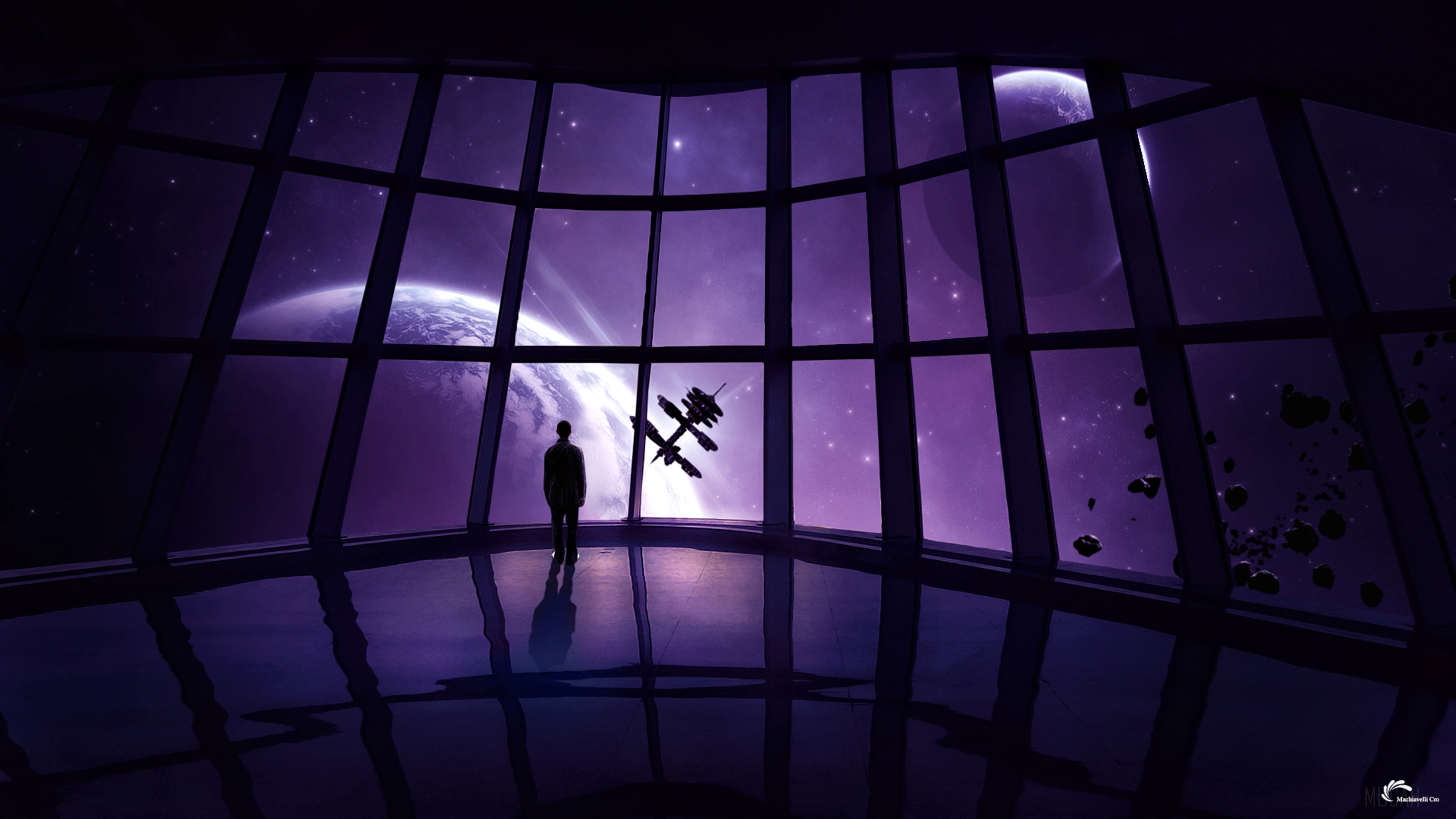 Man looking at space station and planets through window 4K HD Wallpaper