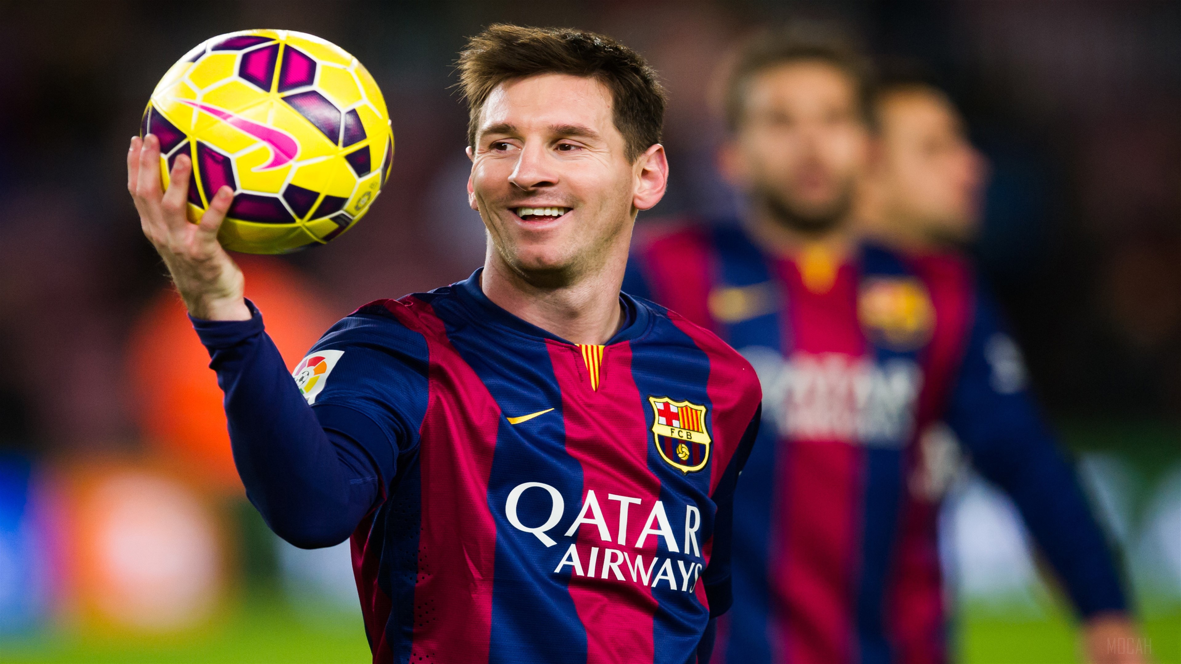 Lionel Messi Smiling Holding Soccer Ball 4k HD Wallpaper