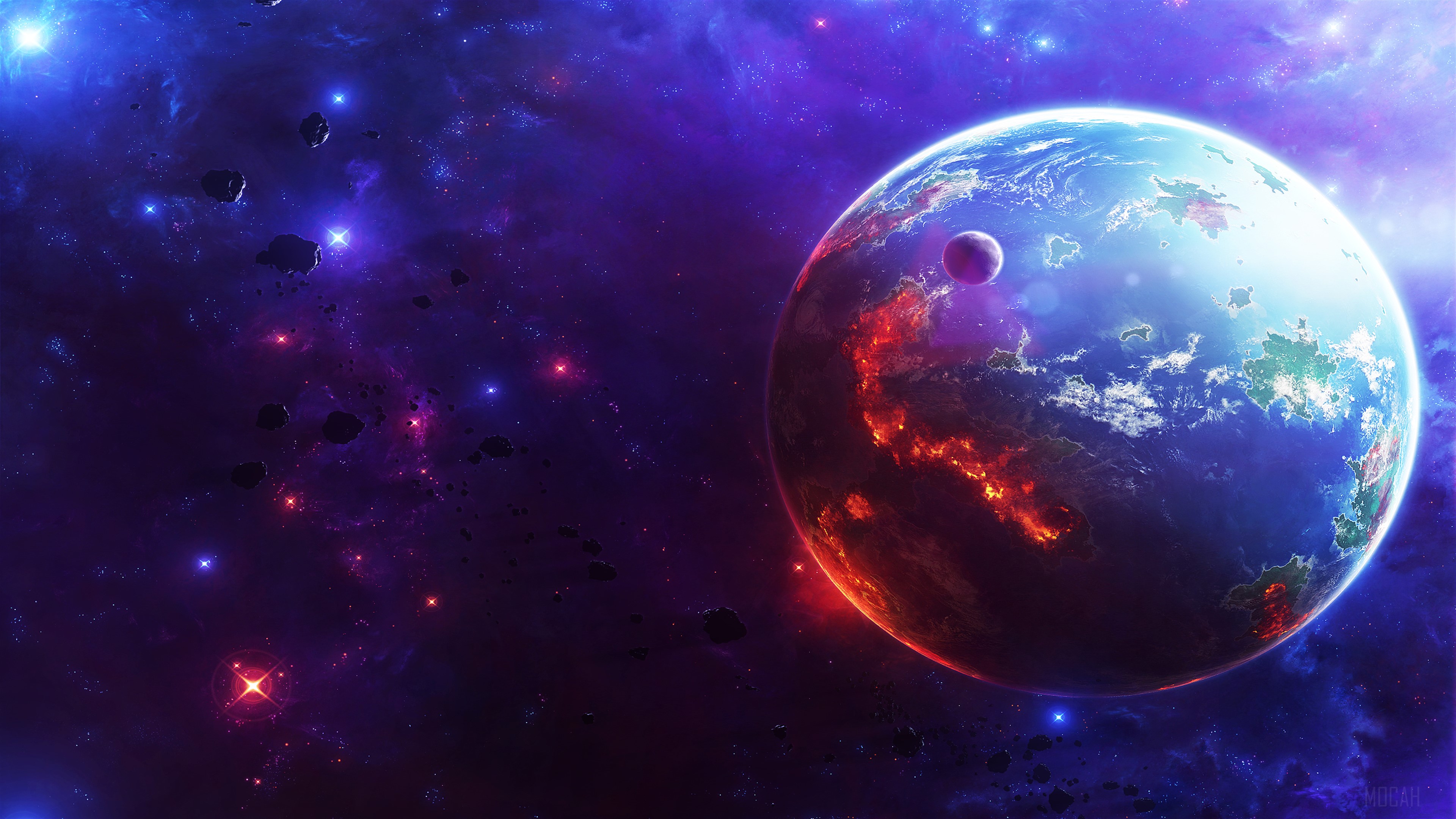 Planet and moon in space with nebulae and asteroids HD Wallpaper