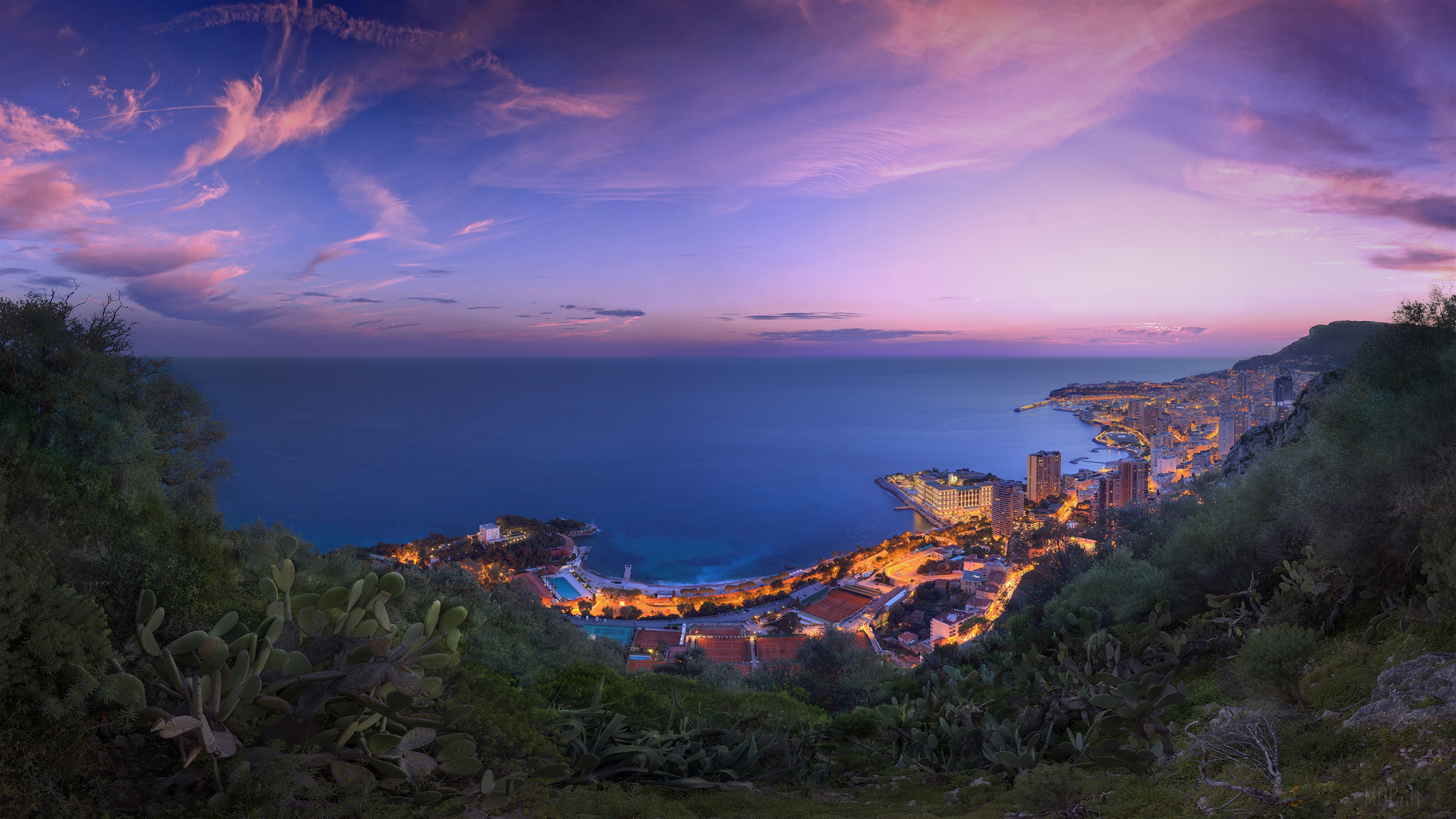 Monaco Coastline at Sunset with Purple Clouds 4K HD Wallpaper