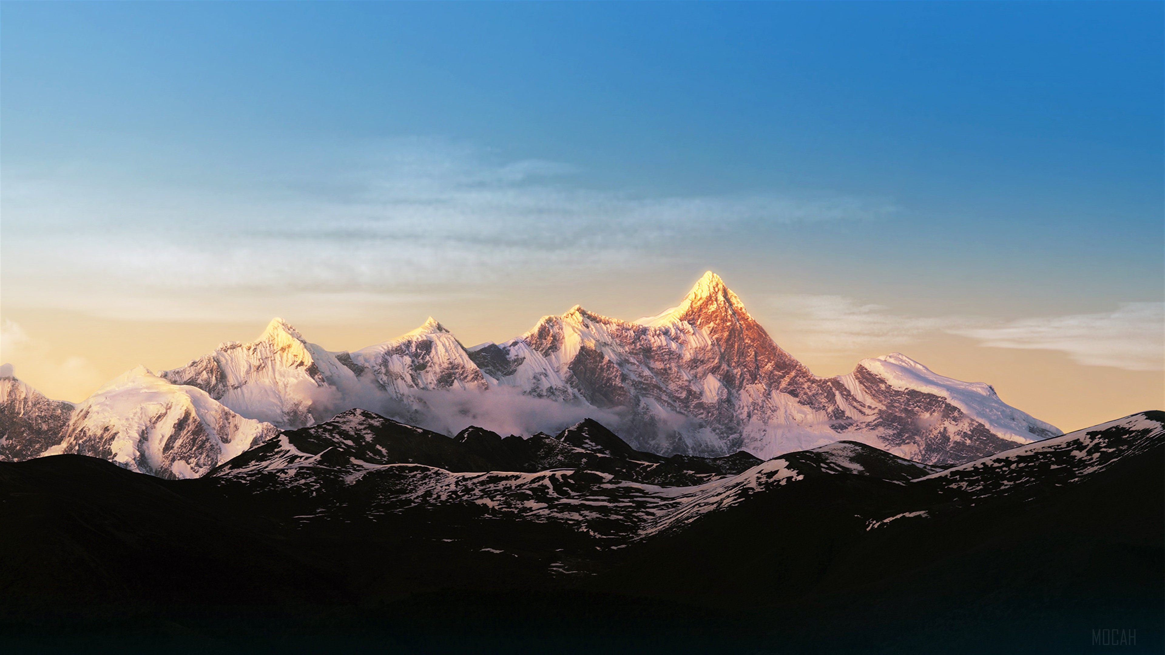Snow-capped mountains at sunrise 4K HD Wallpaper
