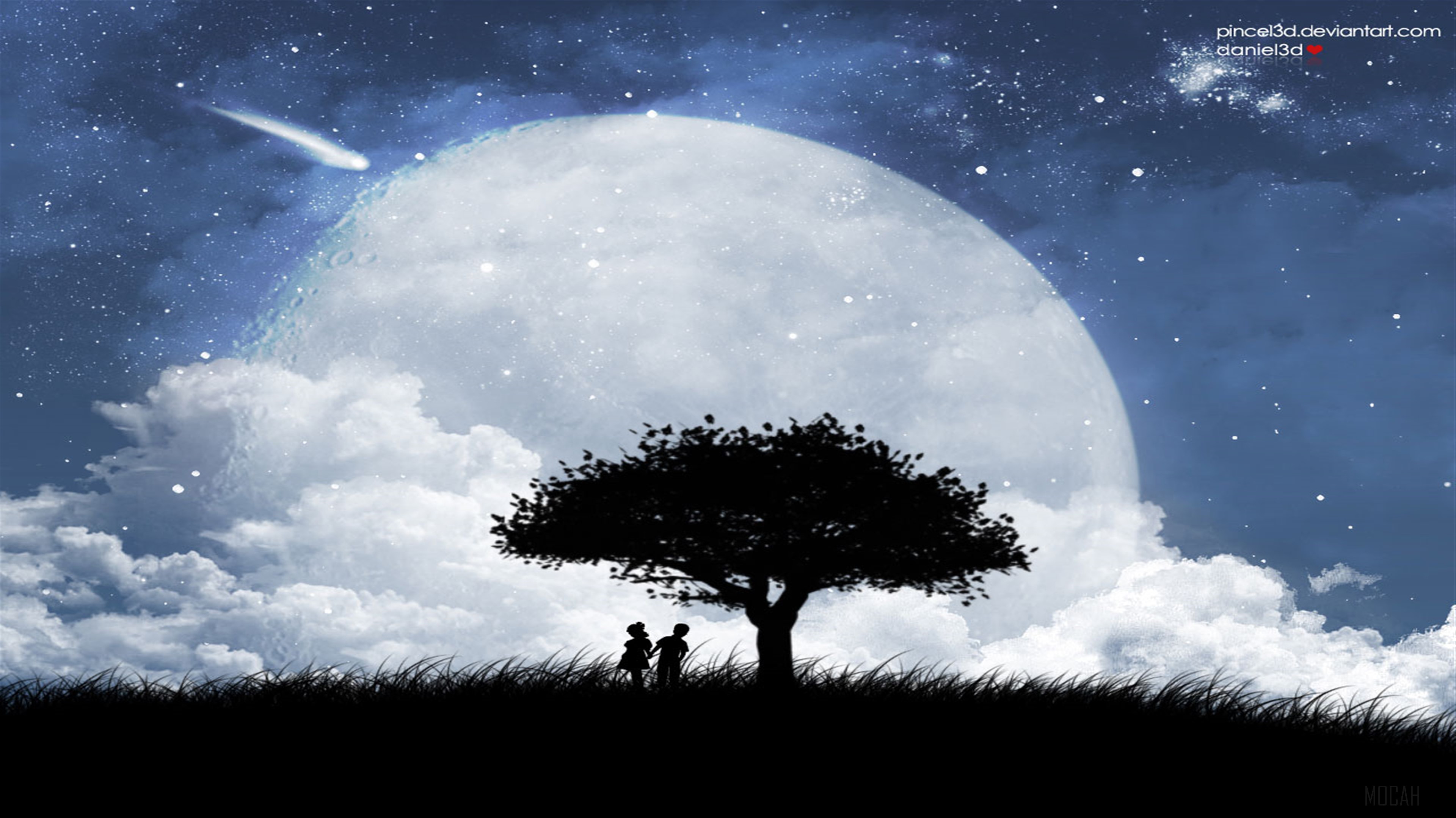 Couple under a tree with moon and comet HD Wallpaper