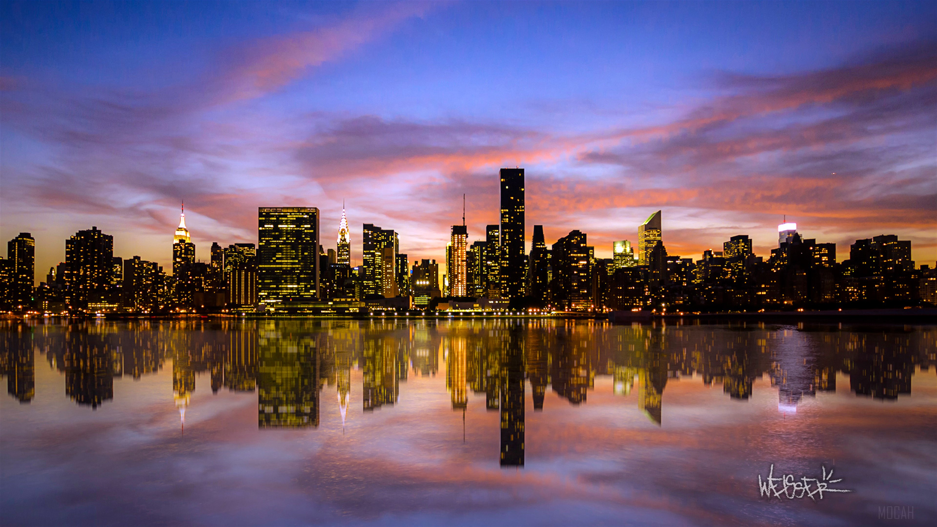 Manhattan Skyline at Sunset with Reflections HD Wallpaper
